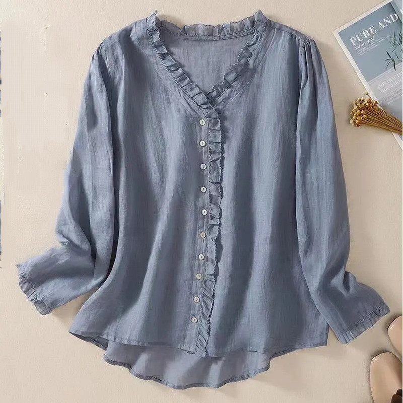 Women’s New Spring Loose V-Neck Wrinkled Lace Shirt Long-Sleeved Comfortable Top