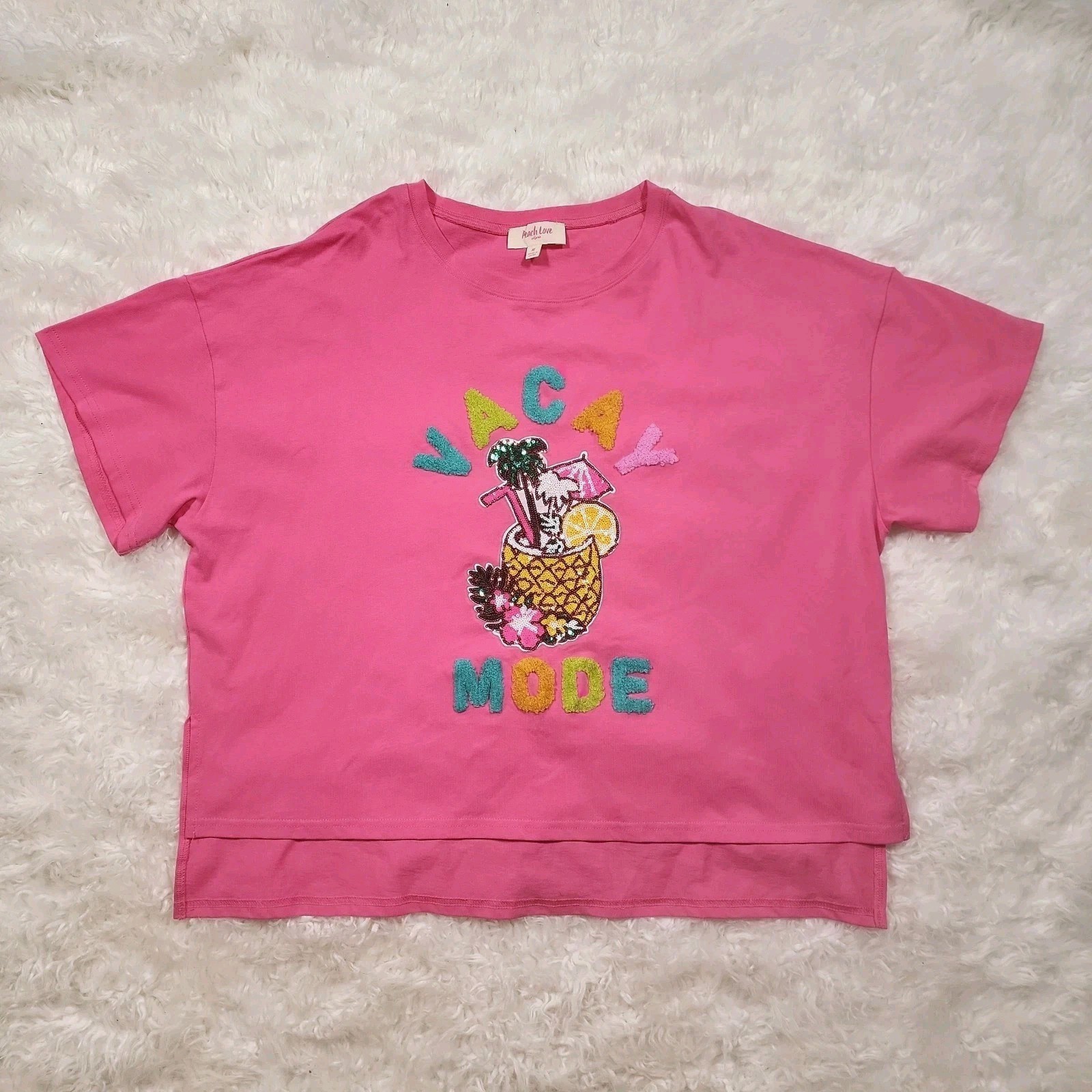 Peach Love California Pink Sequin Vacay Mode Pineapple Beach Tee Vacation Summer