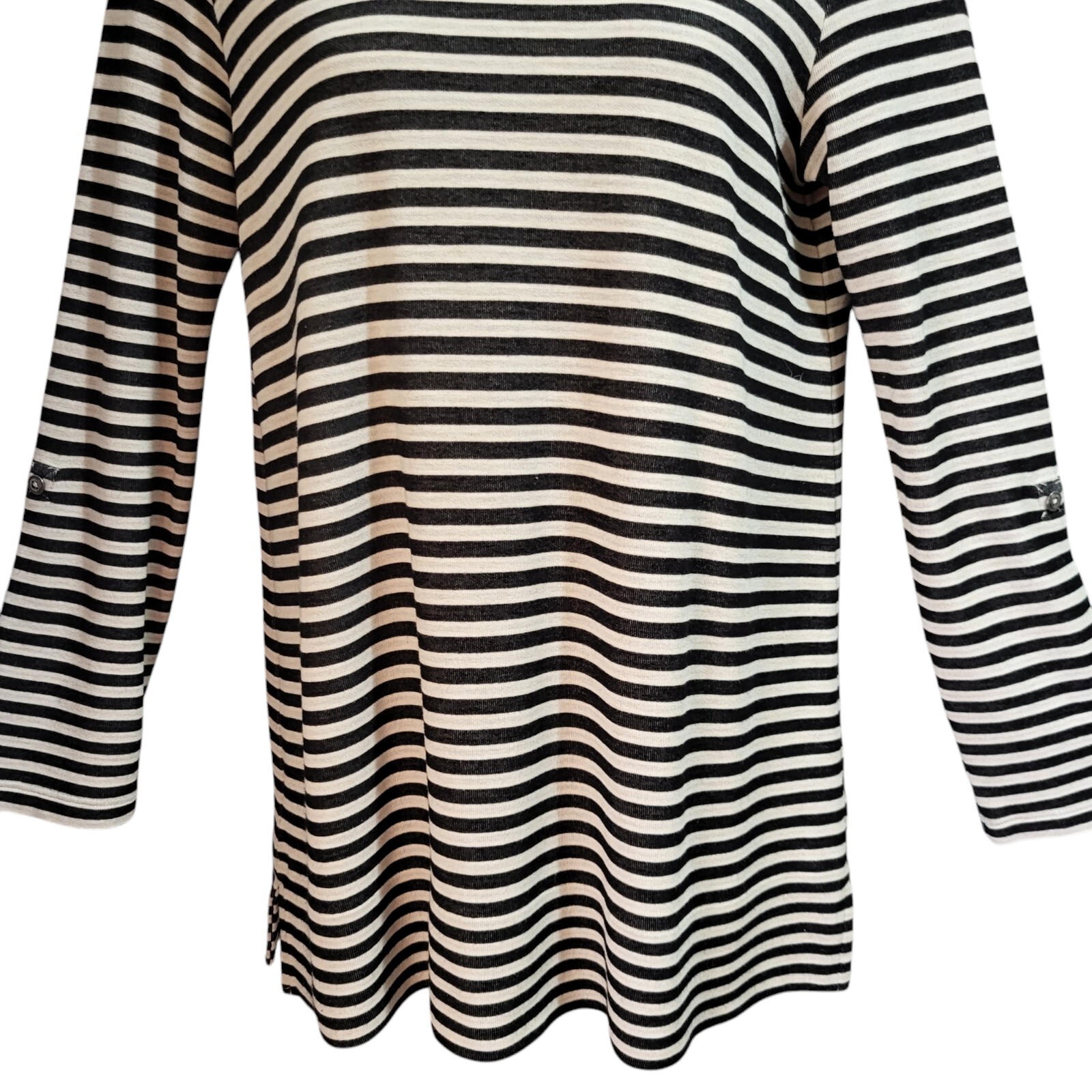 J Jill Stretch Top T-Shirt Size XS Black White Stripe Scoop Neck Roll Tab Sleeve