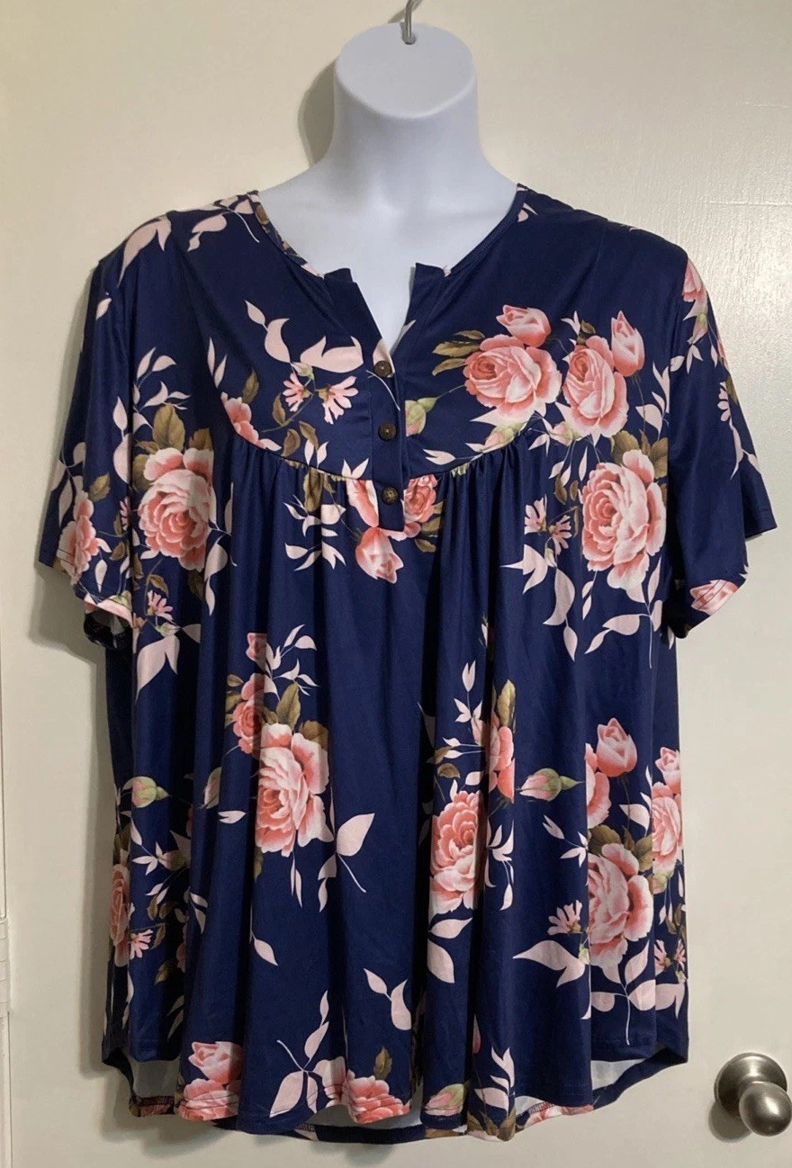 Women Allegrace Blue Floral Design Short Sleeve Polyester Pullover Blouse Sz 4X