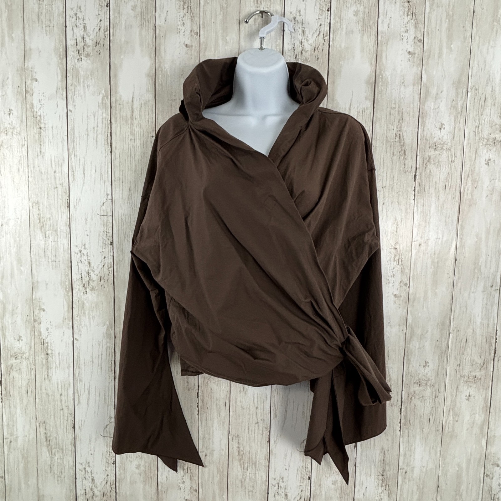 ANNETTE GORTZ Blouse Chocolate Brown Top Blouse V Neck Wrap Flare Sleeve 38/M
