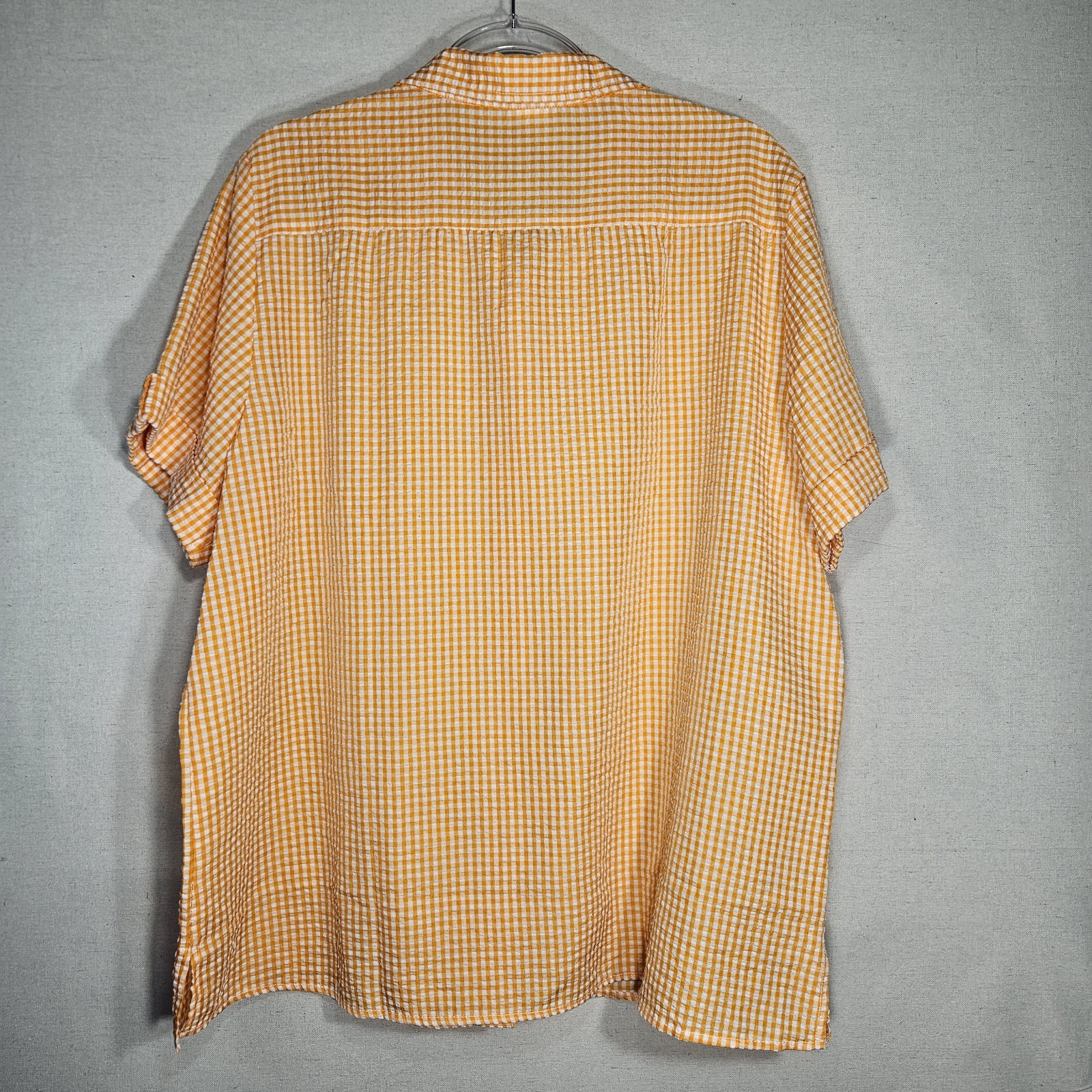 American Sweetheart Women’s 2XL Orange and White Gingham Seersucker Blouse Vtg