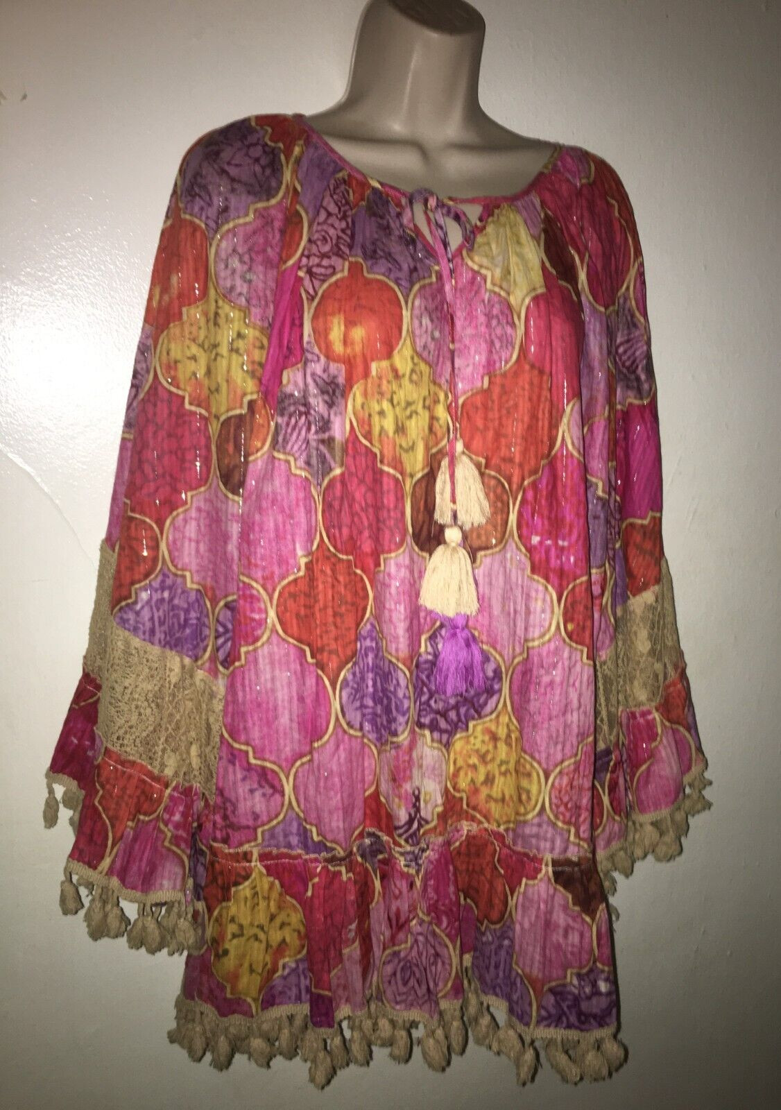 Tolani Collection Multi Color Tassel Hemline Top Size XL Batwing Sleeve New