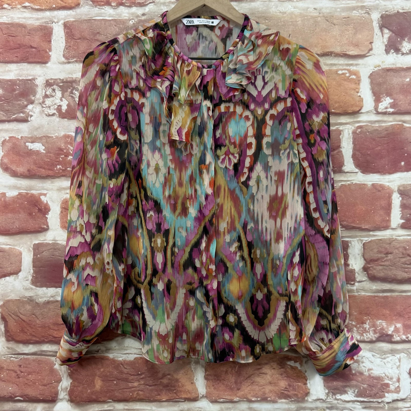 Zara Top Womens Small Multicolor Boho Floral Abstract Sheer Ruffle Neck Shirt