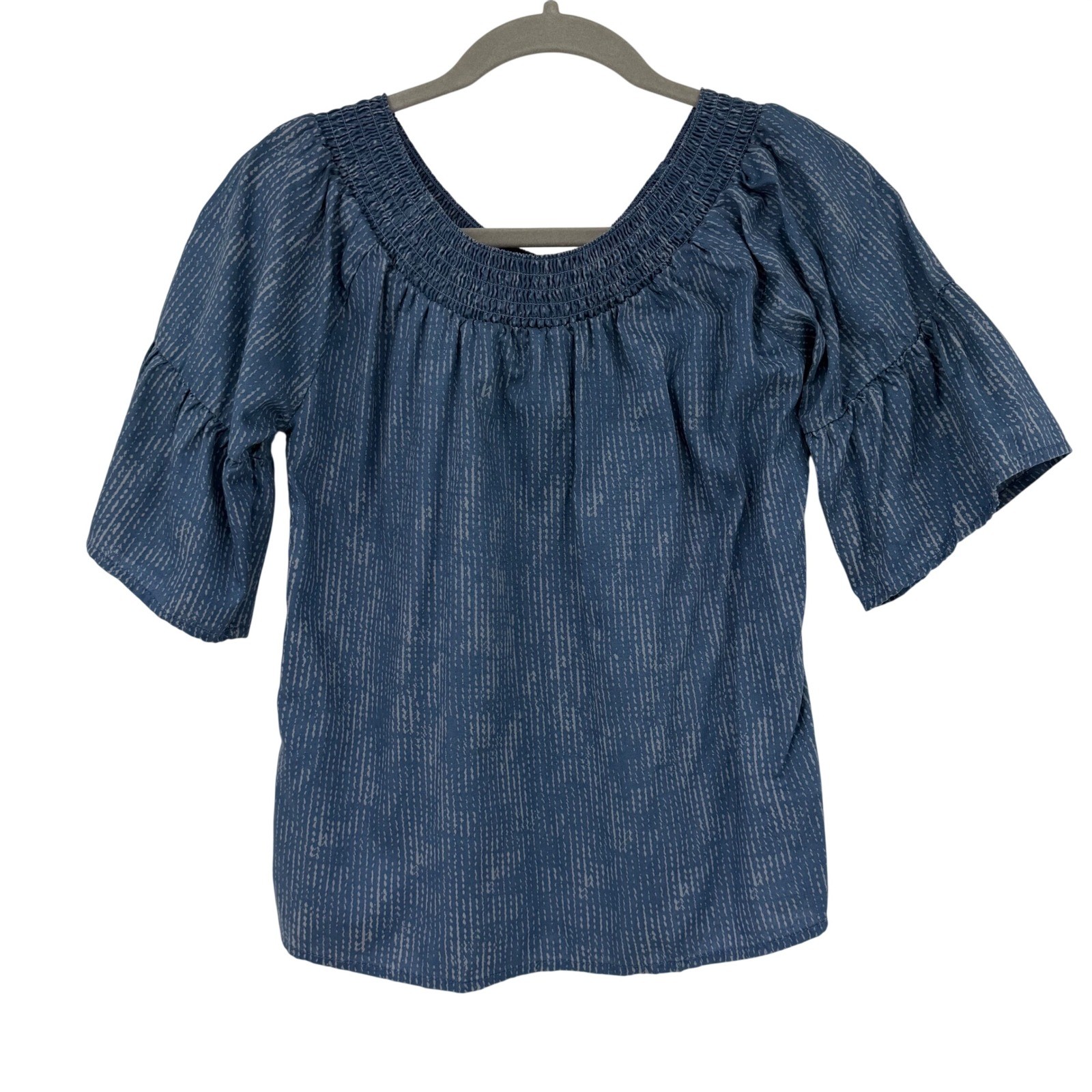 Prana Top Womens XS Blue Smocked Neck Bell Sleeve Tencel Blouse W11180403