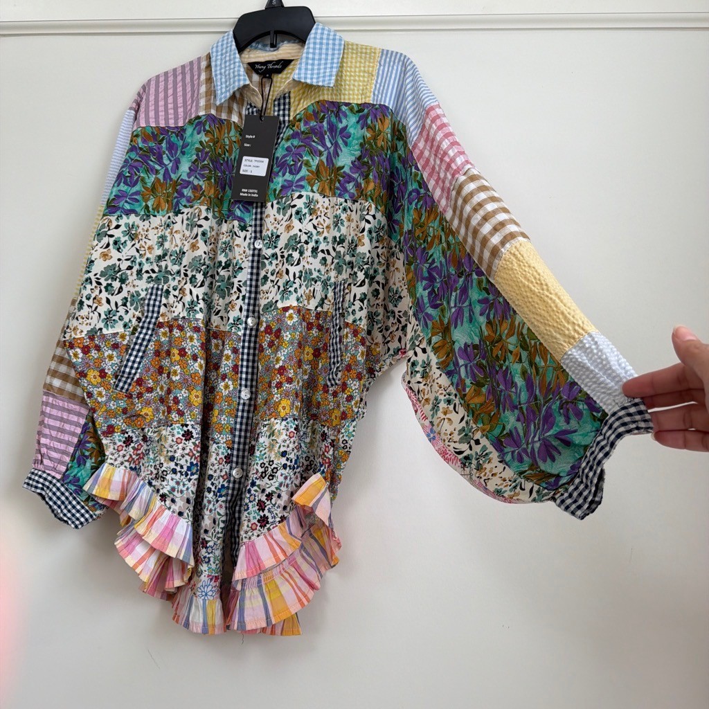 NWT Young Threads Patchwork Button Up Shirt Womens S Batwing Bishop Sleeve