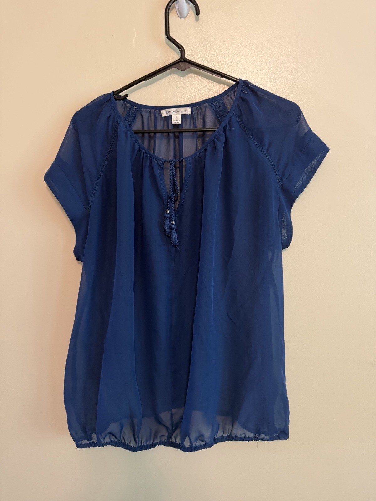 Women’s John Paul Richard Blue Sheer Blouse Short Sleeve Size L (765)