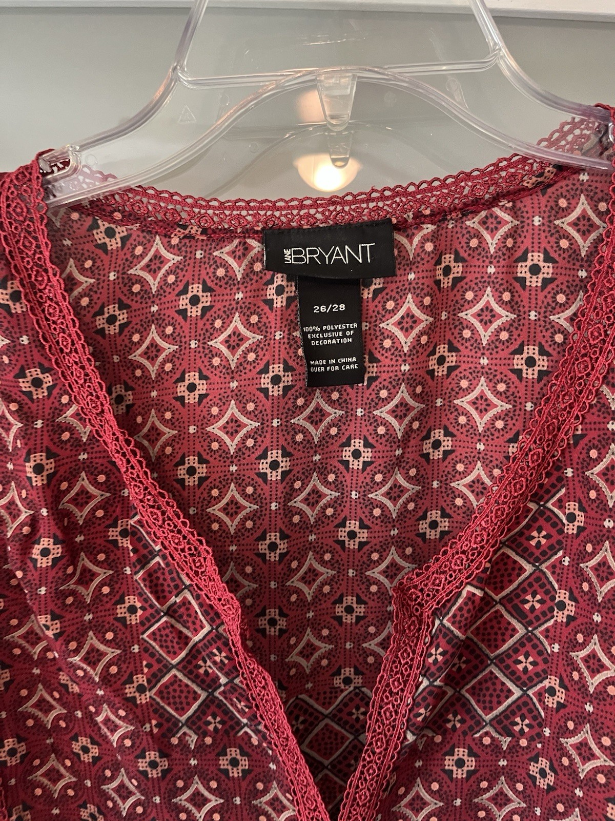 Women’s Lane Bryant Long Sleeve Sheer Blouse Burgundy Lace Trimmed Sz 26/28 260