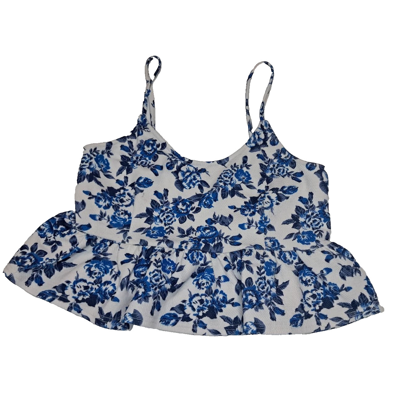 Ally Fashion Blue Floral Spaghetti Strap Ruffle Top – Size 14 (US 10)