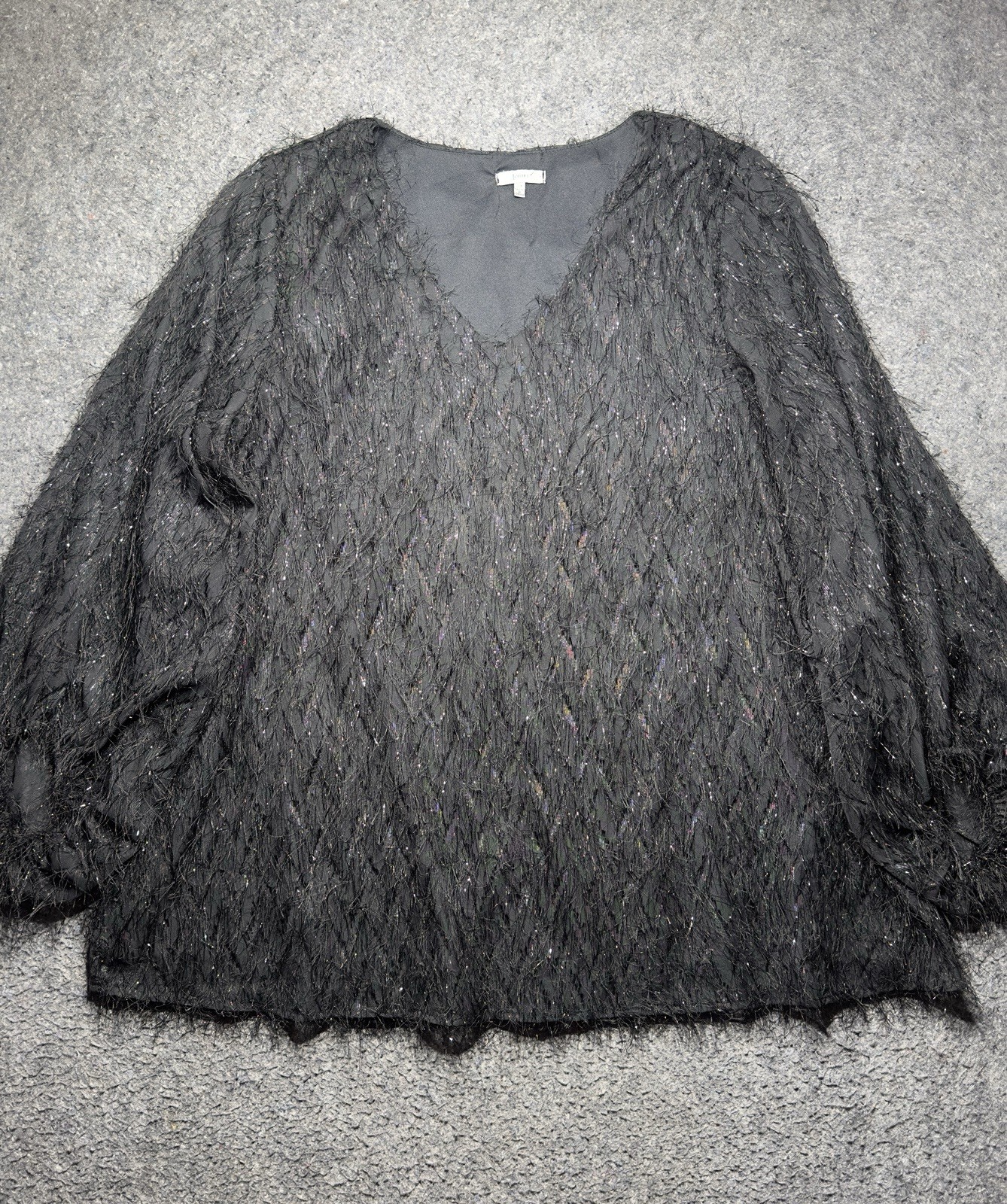 Jodifl Fringe Sequin Black Pullover Blouse Sheer Lined Women 2x Elastic Sleeve