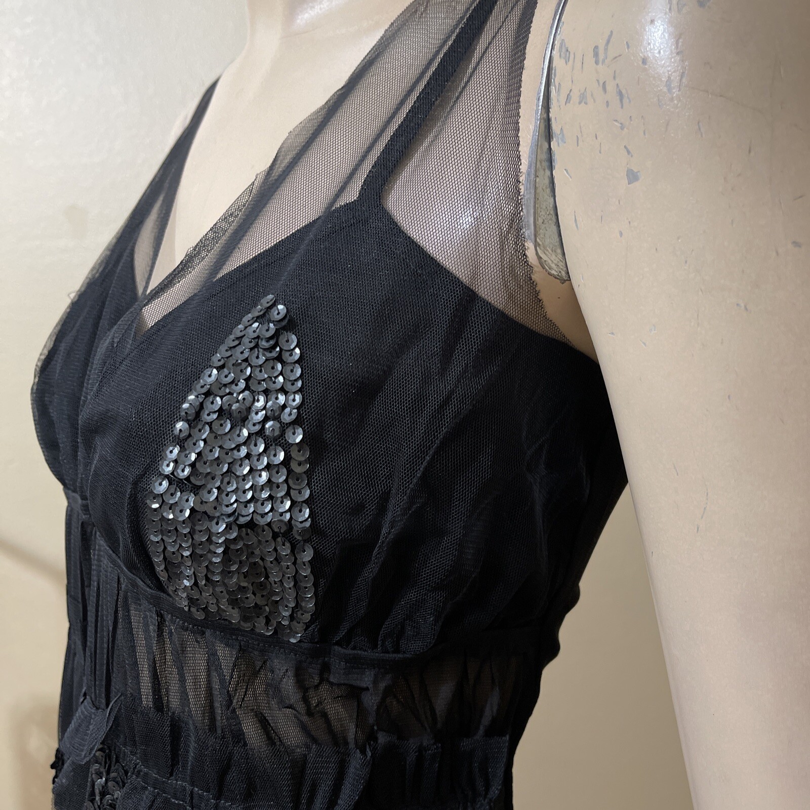 Women’s Black Polyester Cocktail Layered Lace Beaded Pleated Size L Blouse Top
