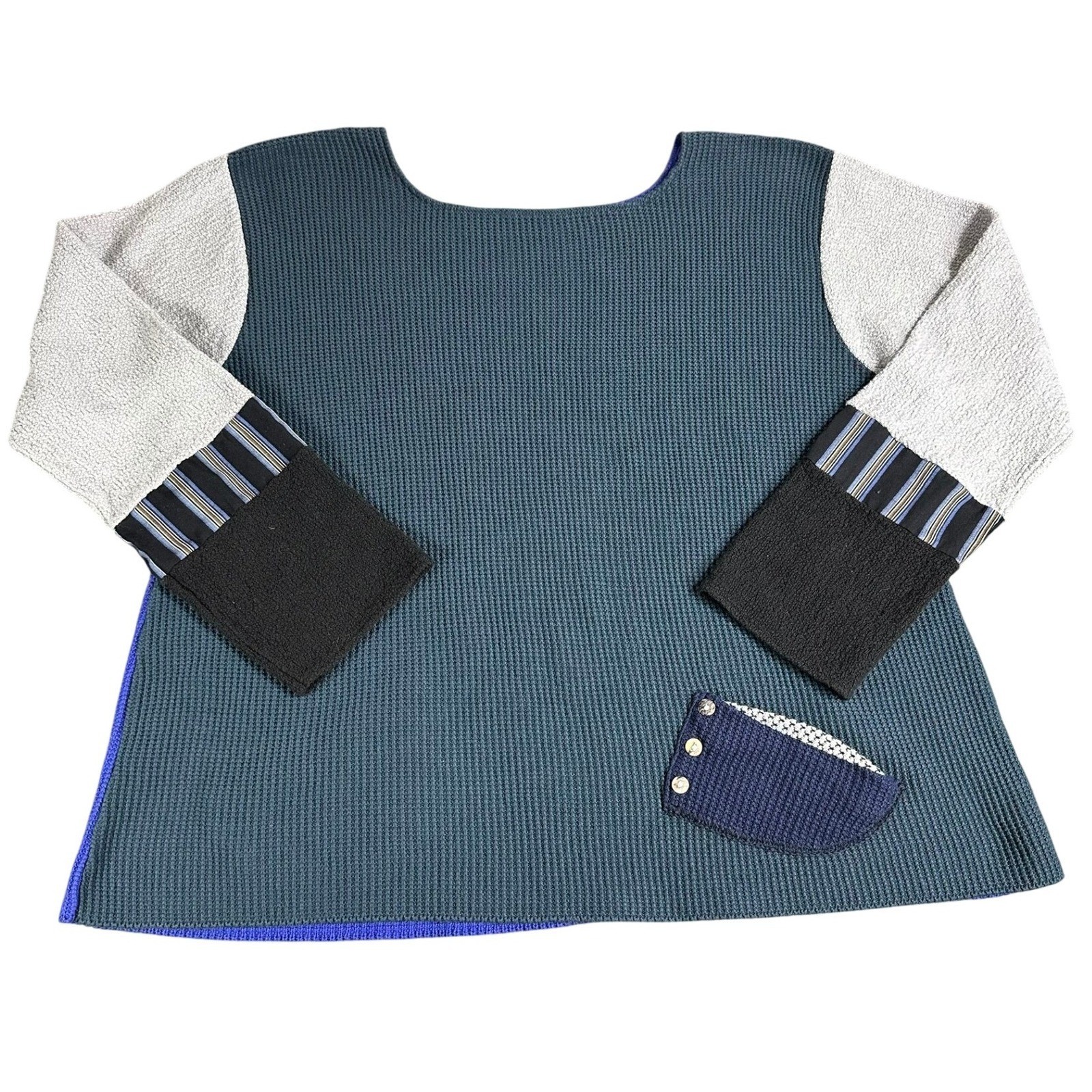 Double Sided Colorblock Patchwork Knit Top Blue Gray Green Black Size M