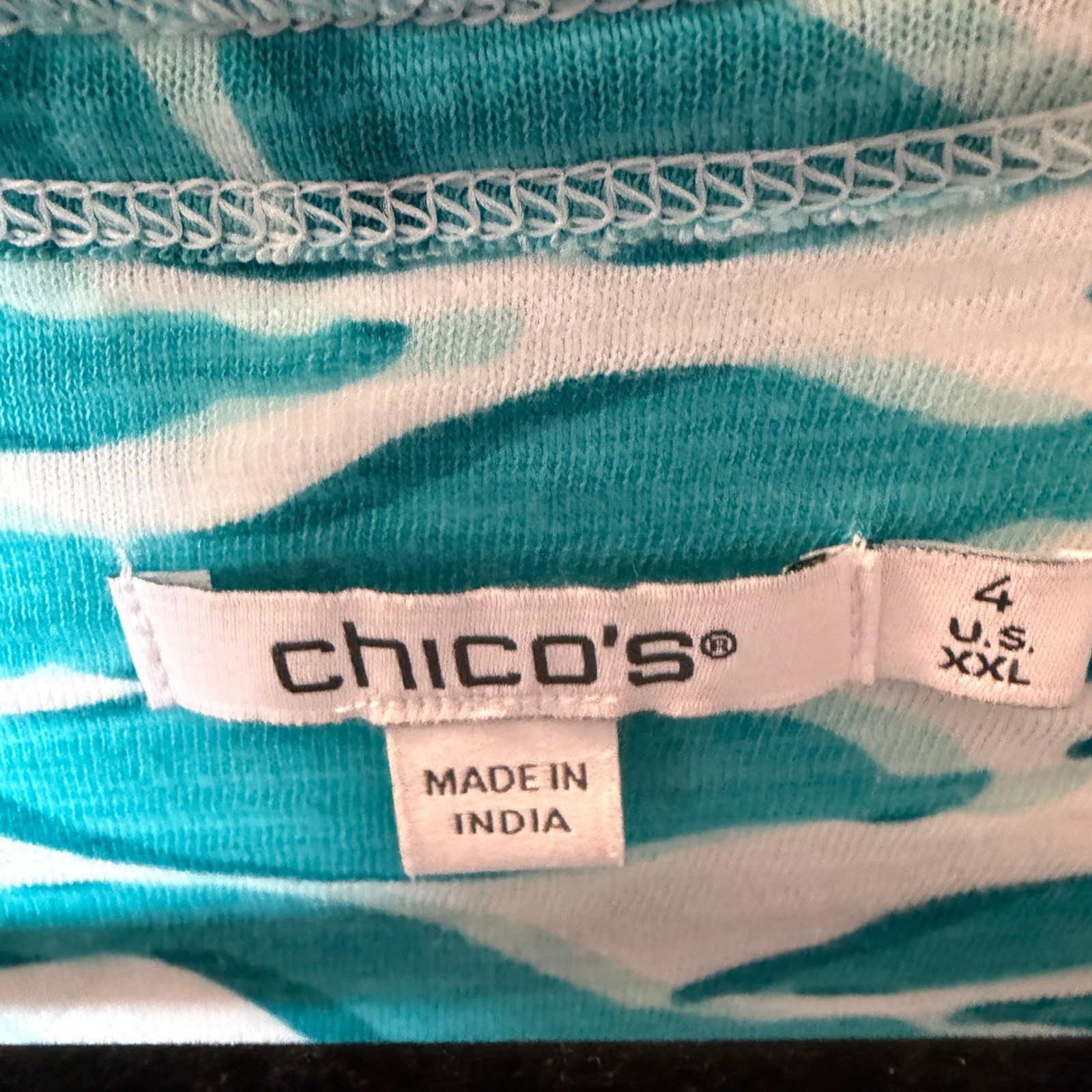 Chicos Teal White Tropical Leaf Scoop Neck T-Shirt Size 4 XXL Cotton Modal Beach
