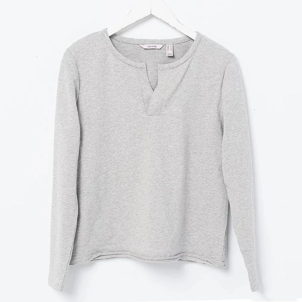 AnyBody Cozy Knit French Terry Printed Long Sleeve Top Heather Gray Size M