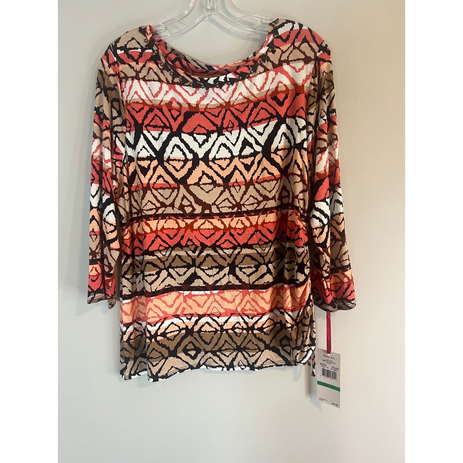 Ruby Rd Machu Picchu Geometric Ikat Studded Neck 3/4 Sleeve Top Salmon Large NEW