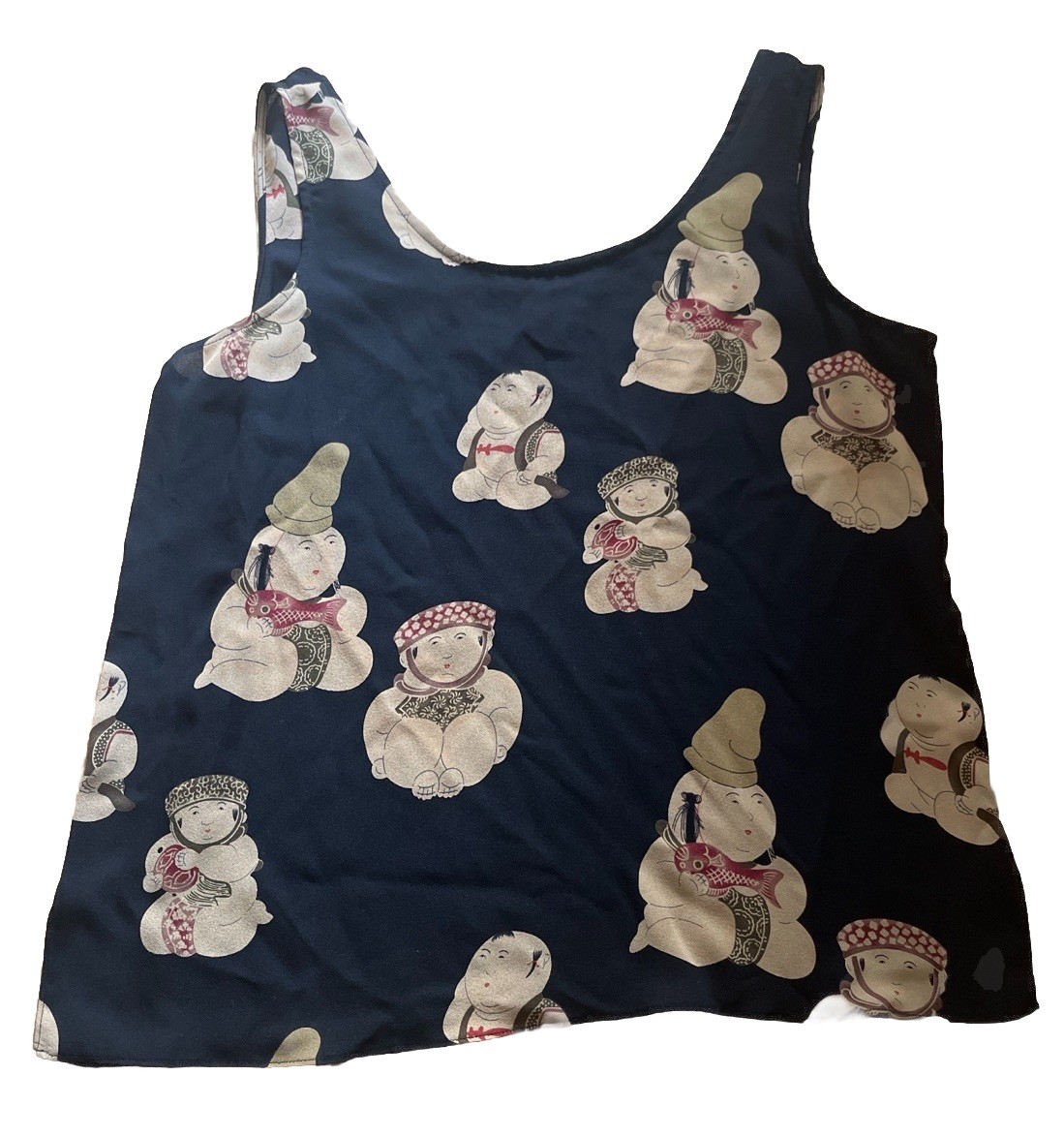 Harari 100% Silk Novelty Print Tank Top Womens Small Asian Folk Art Black Buddha