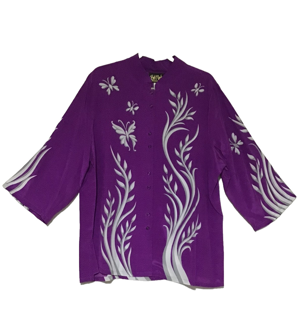 Vtg Bob Mackie Wearable Art Blouse 100% Silk Purple XL Butterflies Bird Artsy