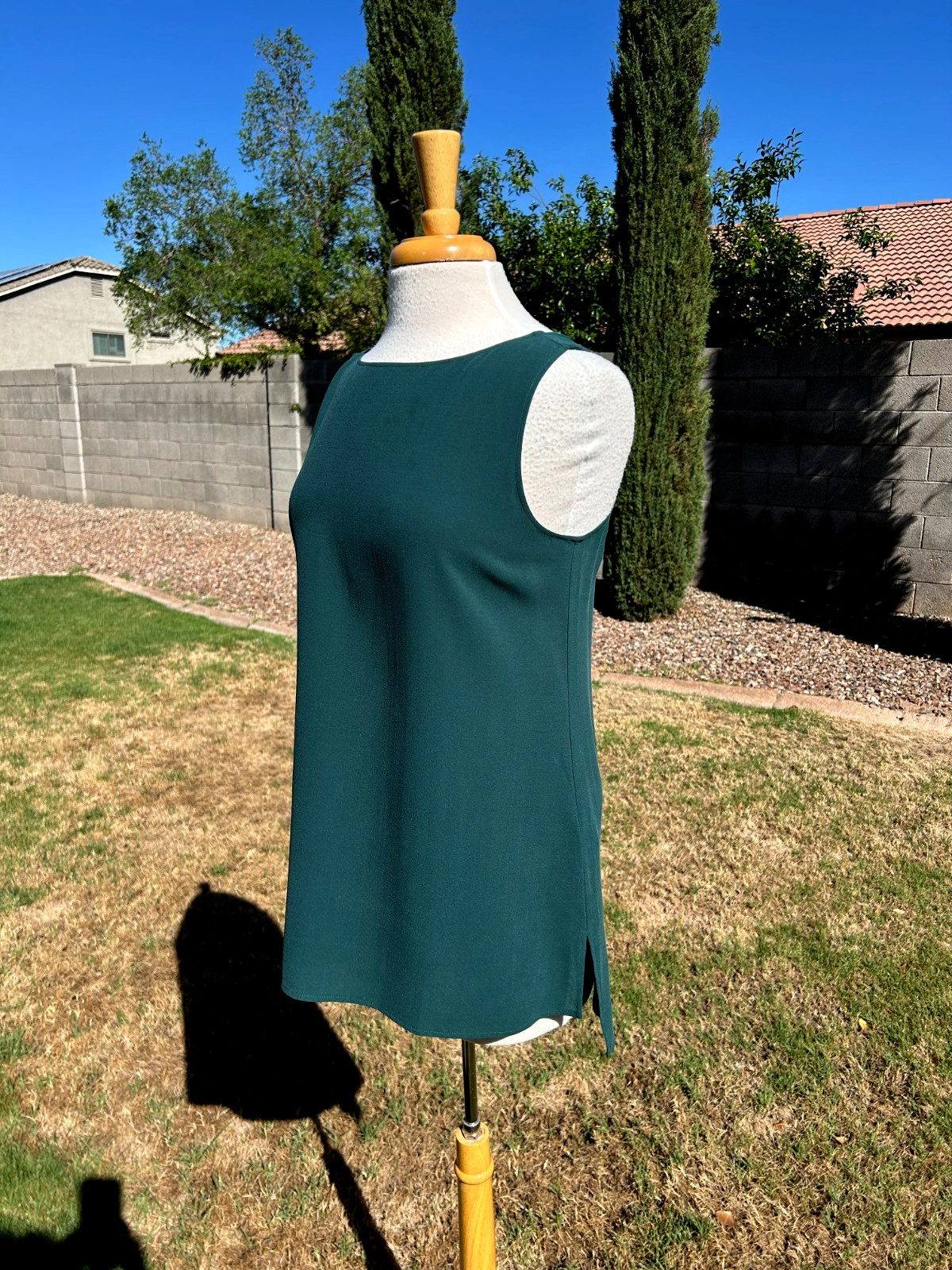 Eileen Fisher Silk Georgette Crepe Boat Neck Long Shell Tunic Pine Sz S $218 NWT