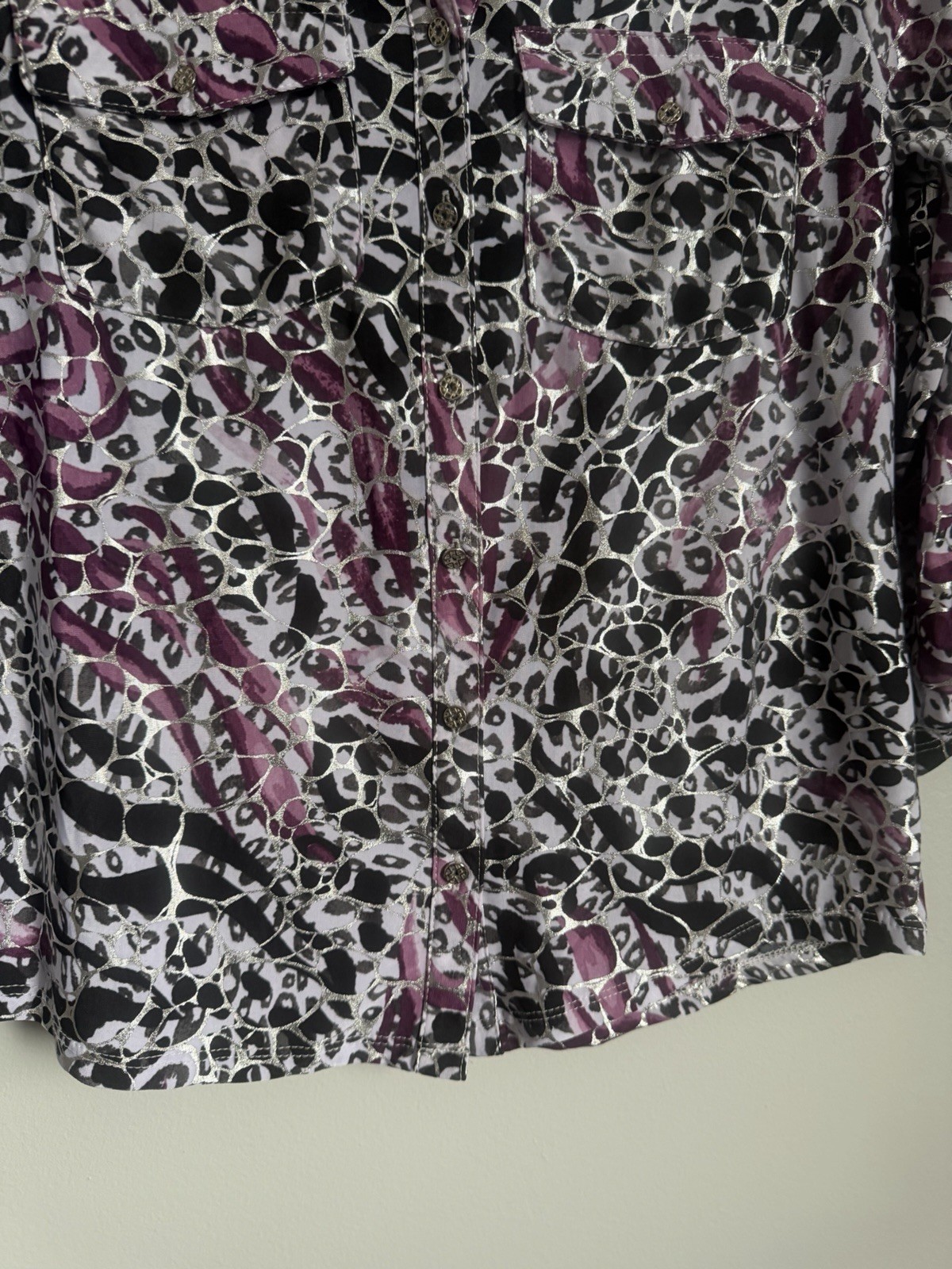 Emily Daniels Purple Black Silver Accent Button Up Roll Tab Sleeve Blouse Small