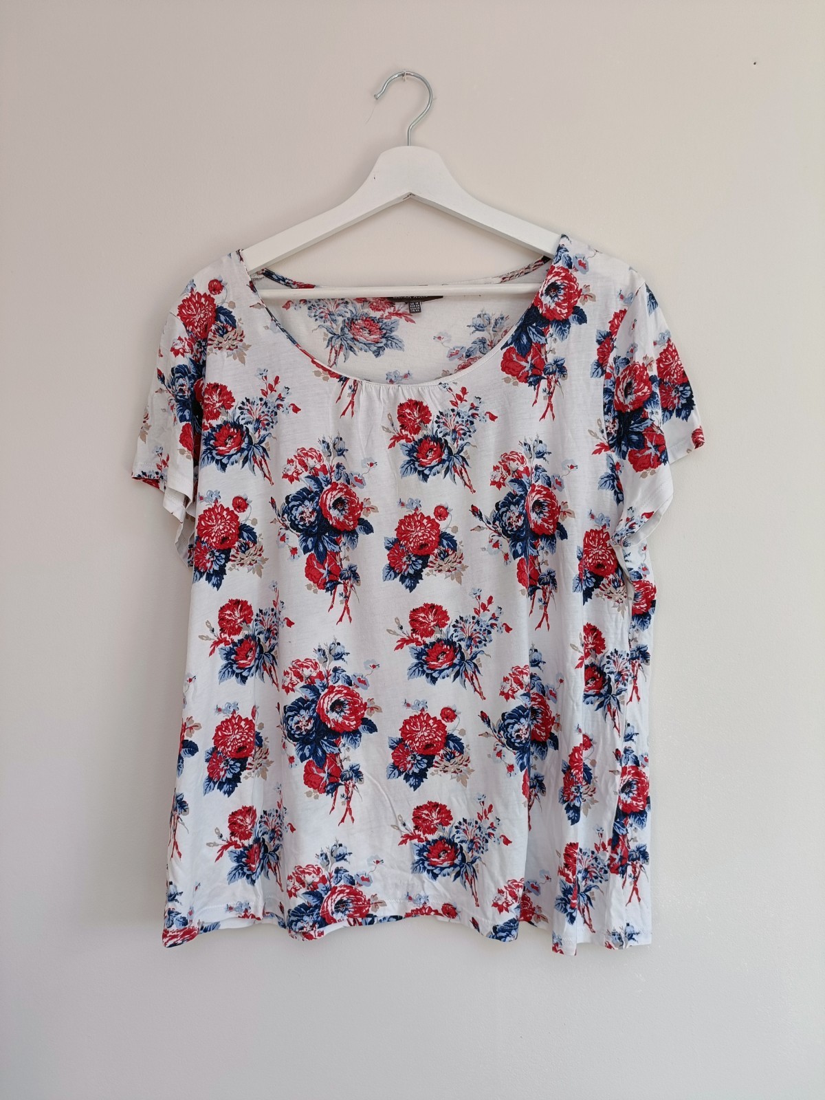 Laura Ashley Womens UK 18 Red Blue Floral Cotton Modal Blend T-Shirt Top Tee