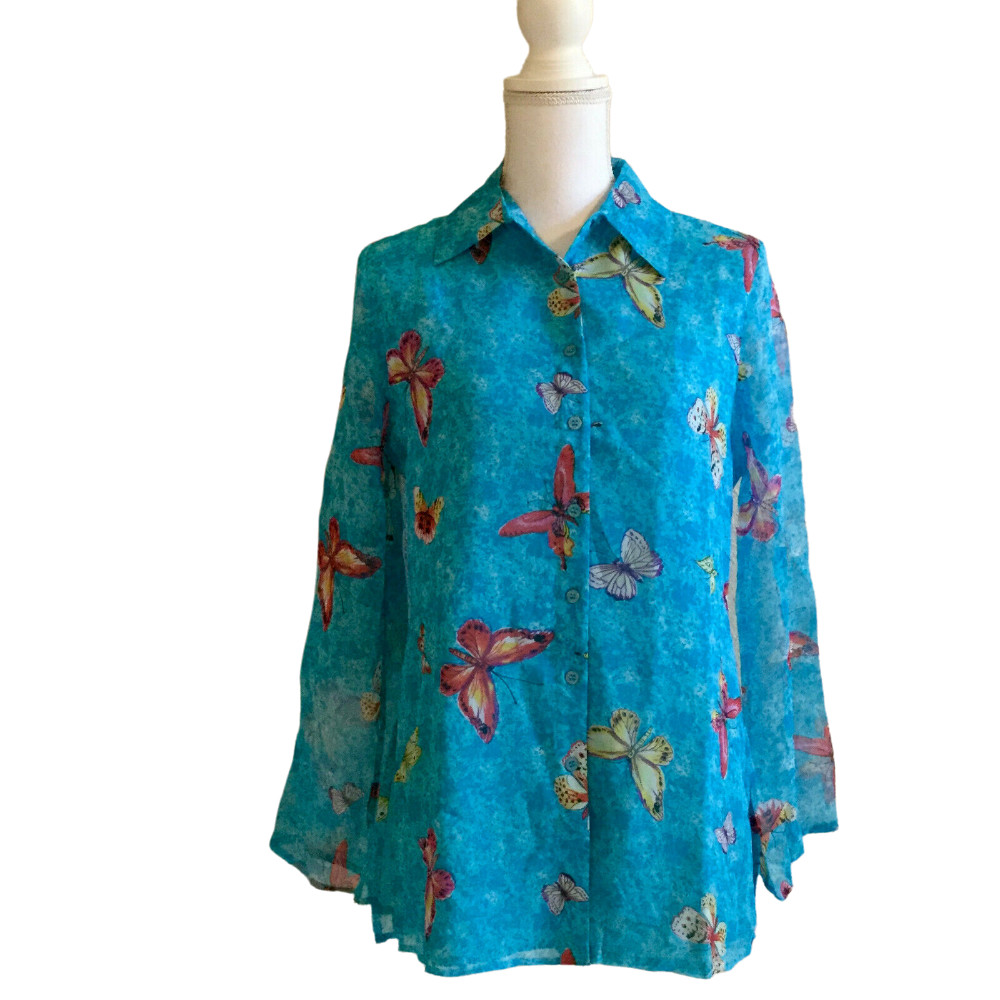 Vintage Chadwicks Women’s Silk Top Size 4 Sheer Blouse Butterflies Blue Lined