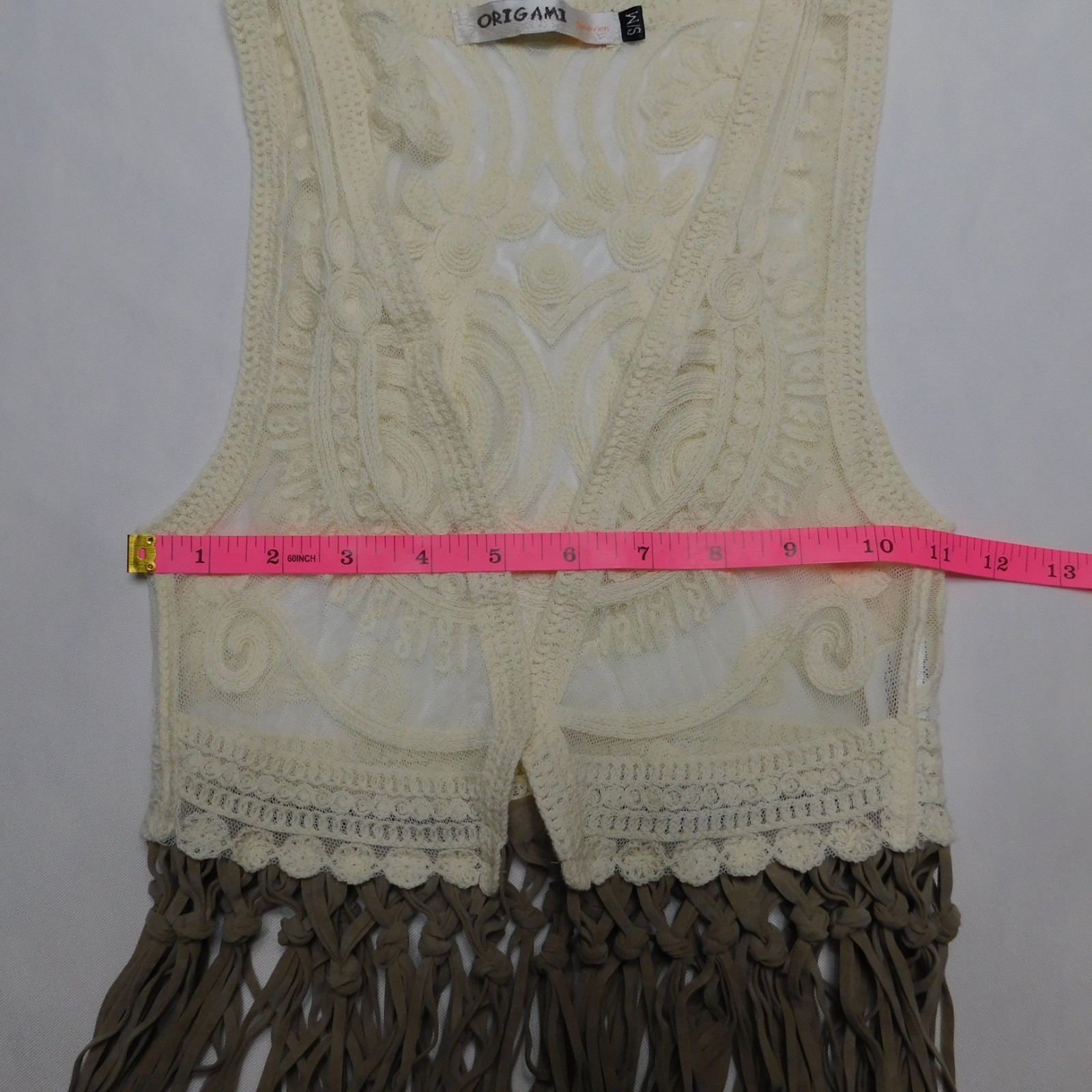 Origami by Vivien Girls Lace Vest Size S/M Cream Crochet Long Fringe Layering To