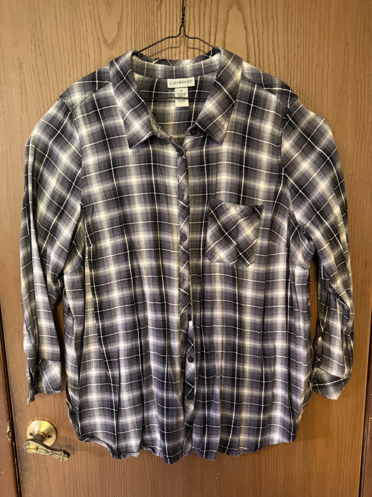 Catherines Womens Plus Size 1X Grey Plaid Button Up Long Sleeved Tunic