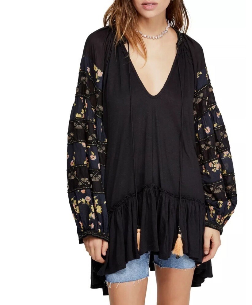 Free People Mix It Up Tunic Flowy Blouse Top Linen Blend Boho Floral Black, sz S