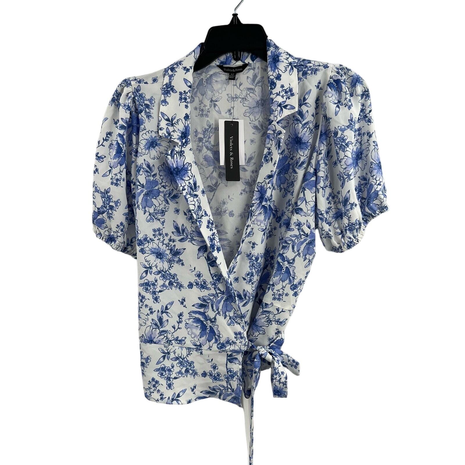 Violets & Roses XXL Top Wrap Blouse Blue Floral New