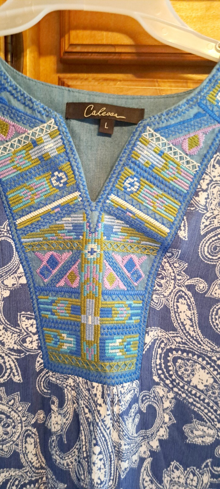 Caleoas Embroidered Paisley Split Round Neck 3/4 Sleeve Tunic Boho Cottagecore L