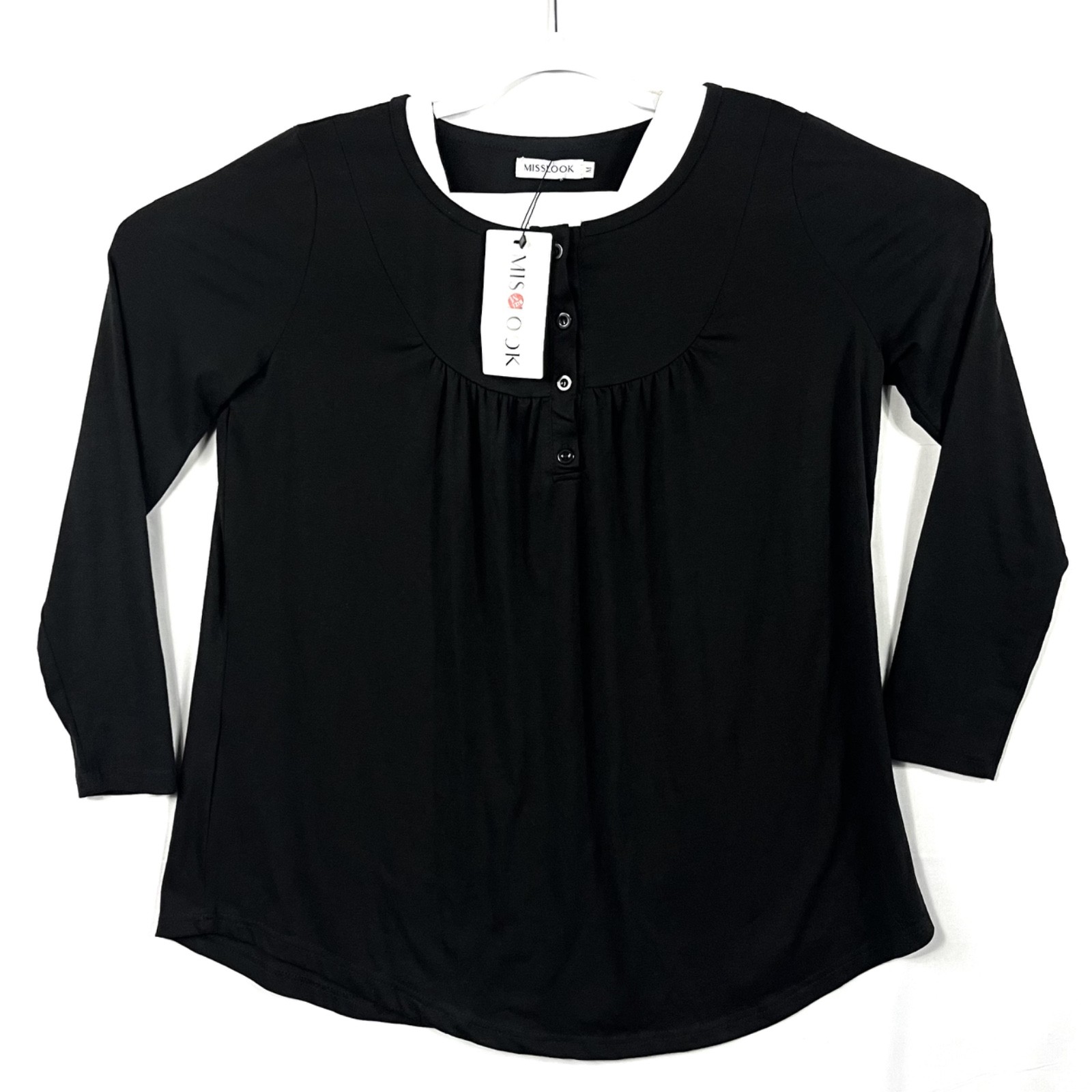 NWT NEW Misslook Womens Medium Black Long Sleeve Henley Top Pleated Front Casual