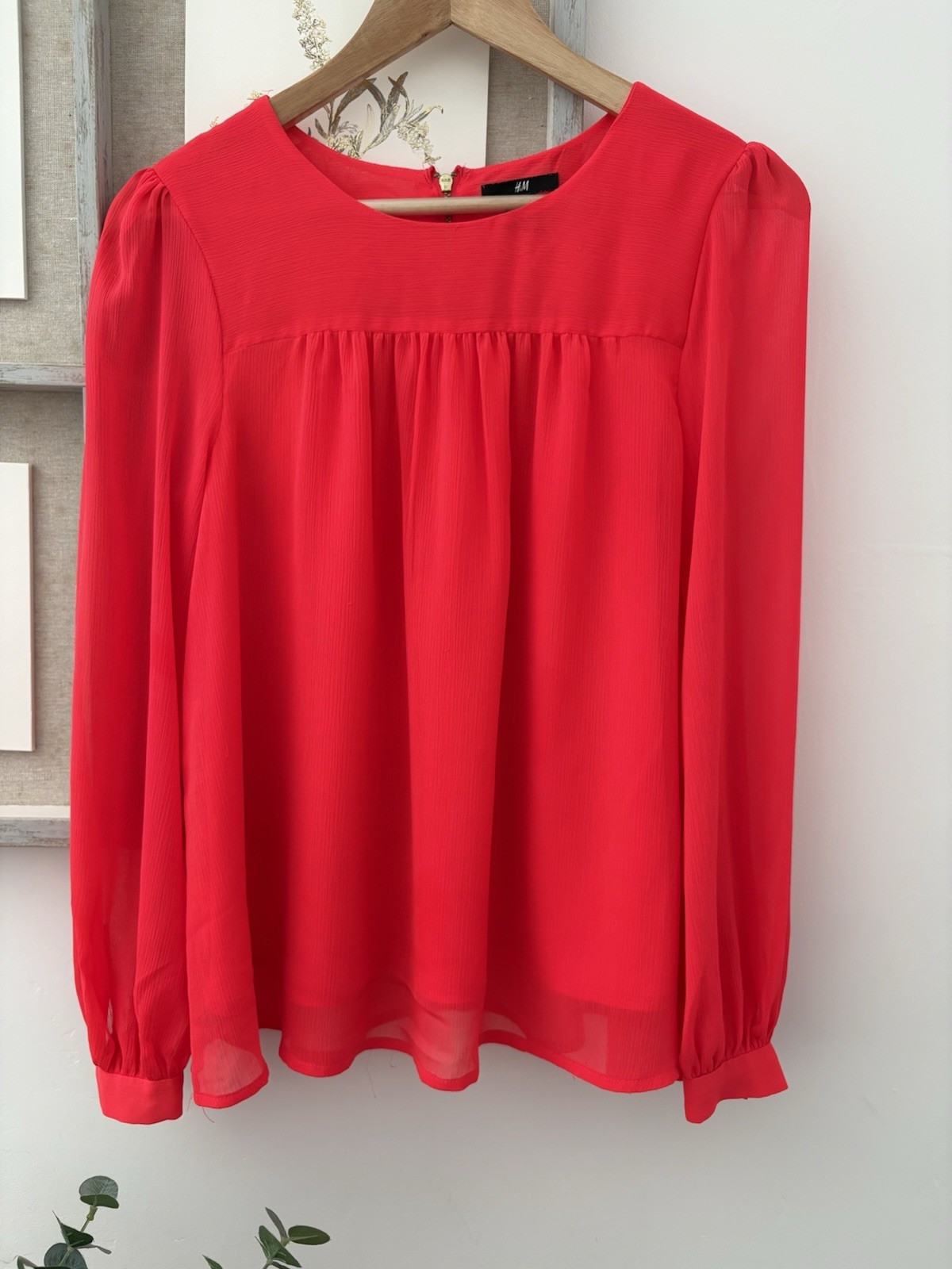 H&M Bright Red Chiffon Blouse Size EUR 34 UK 6 / 8 Long Puff Sleeve Smock Top