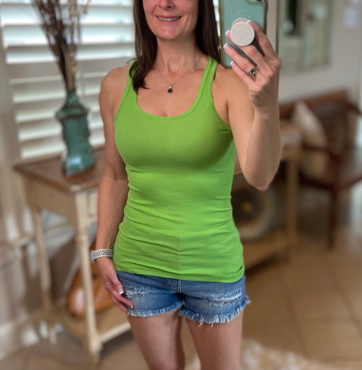 Ribbed Tank Top Womens M Lime Green Scoop Boy Beater Racerback Cleavage Fitted