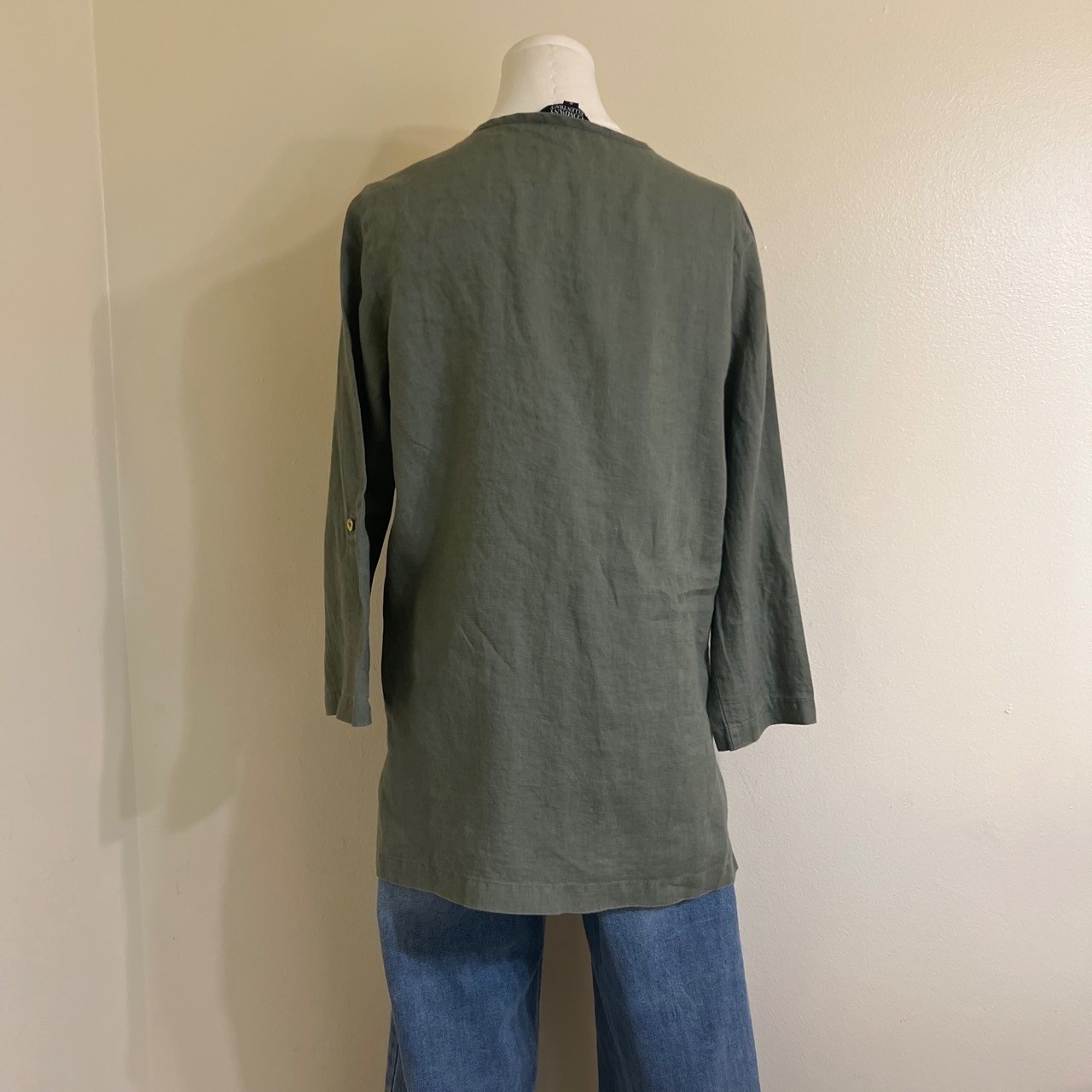 Company Ellen Tracy Womens 100% Linen Lace Up Tunic Top Olive Green Caper S