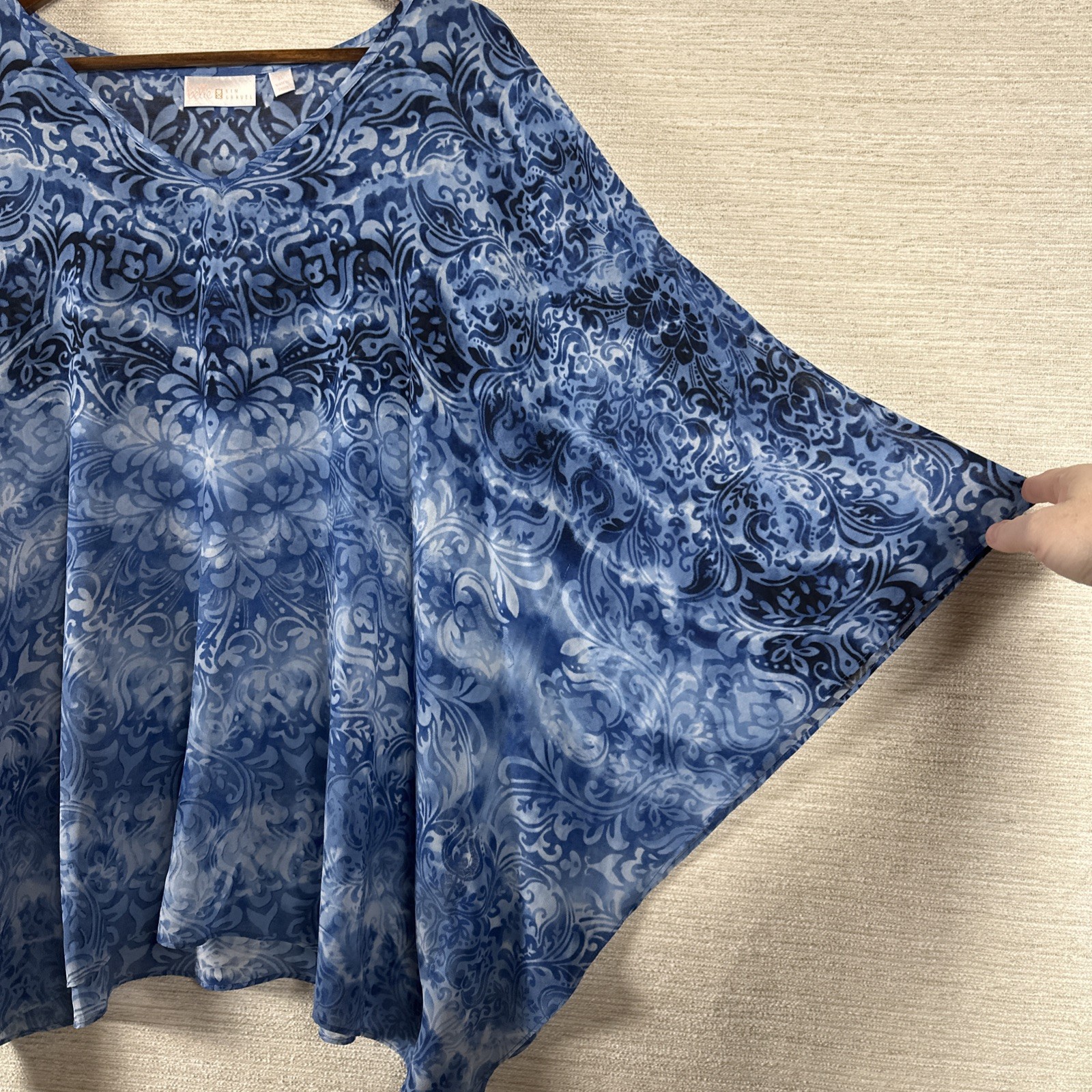 Bella Kim Gravel XL Blue Floral Paisley Woven Sleeves Top Lightweight Boho Shirt