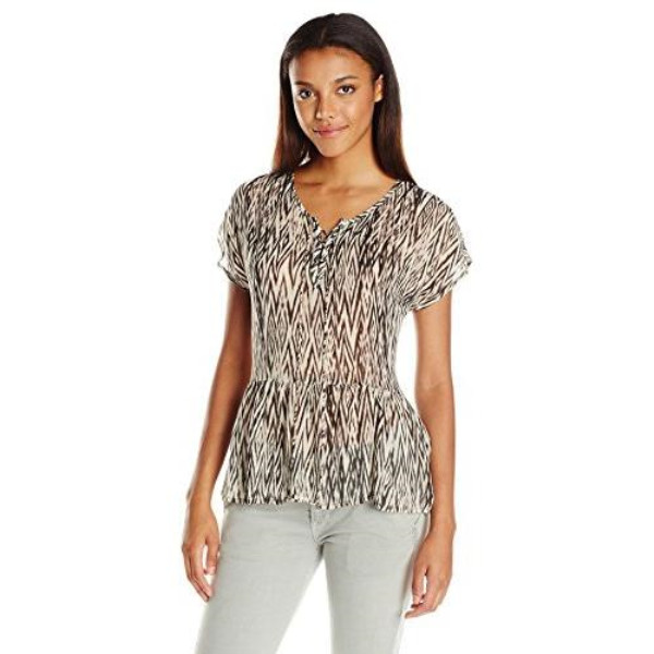 Lucky Brand Women’s Ikat Print Lace Up Peplum Top Black Ivory Size S