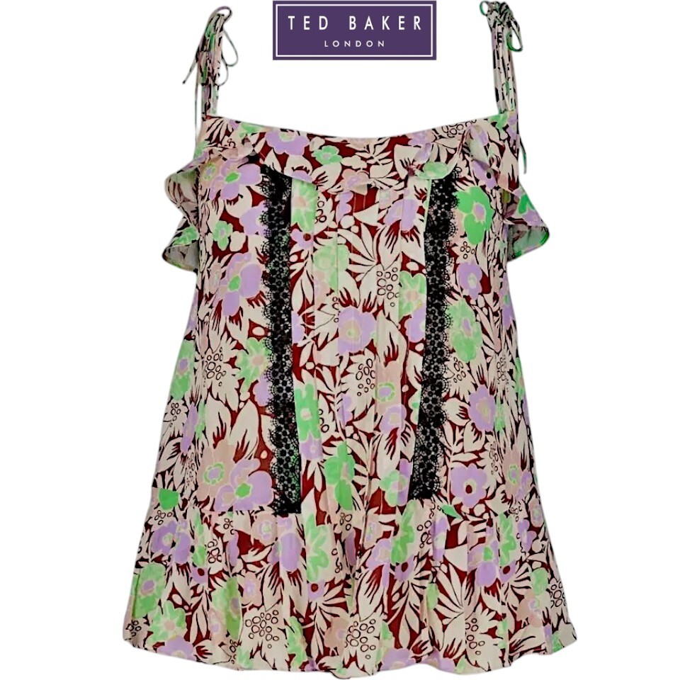 Ted Baker Multicolour Frill Cami Top Size 3 UK 12 14 Floral Ruffle Summer BNWT