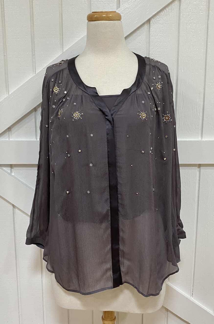 Boden 10 Taupe Gray bejeweled Gold Silver Sheer Long Sleeve Blouse Top With Cami