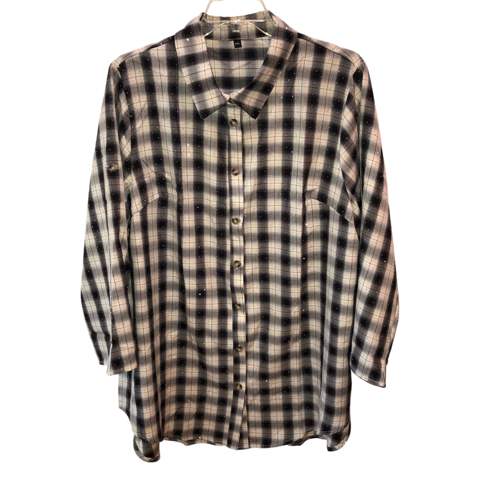 Womens Size 4XL Plaid Rhinestone Tunic Blouse Button Front Roll Tab Shirt Top