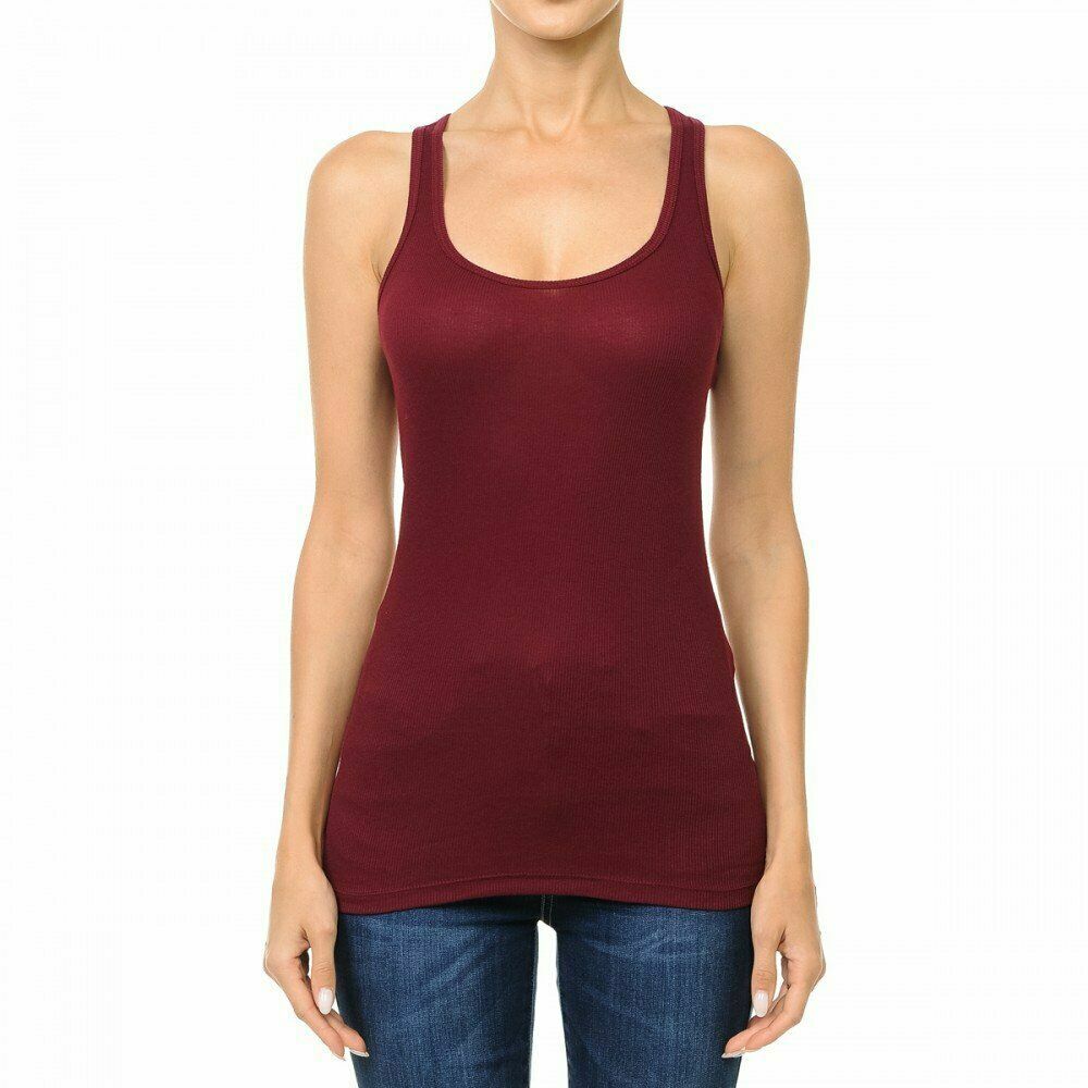Women’s Basic Solid Scoop Neck Racerback Tank Top With Built in Shelf Bra Shirt