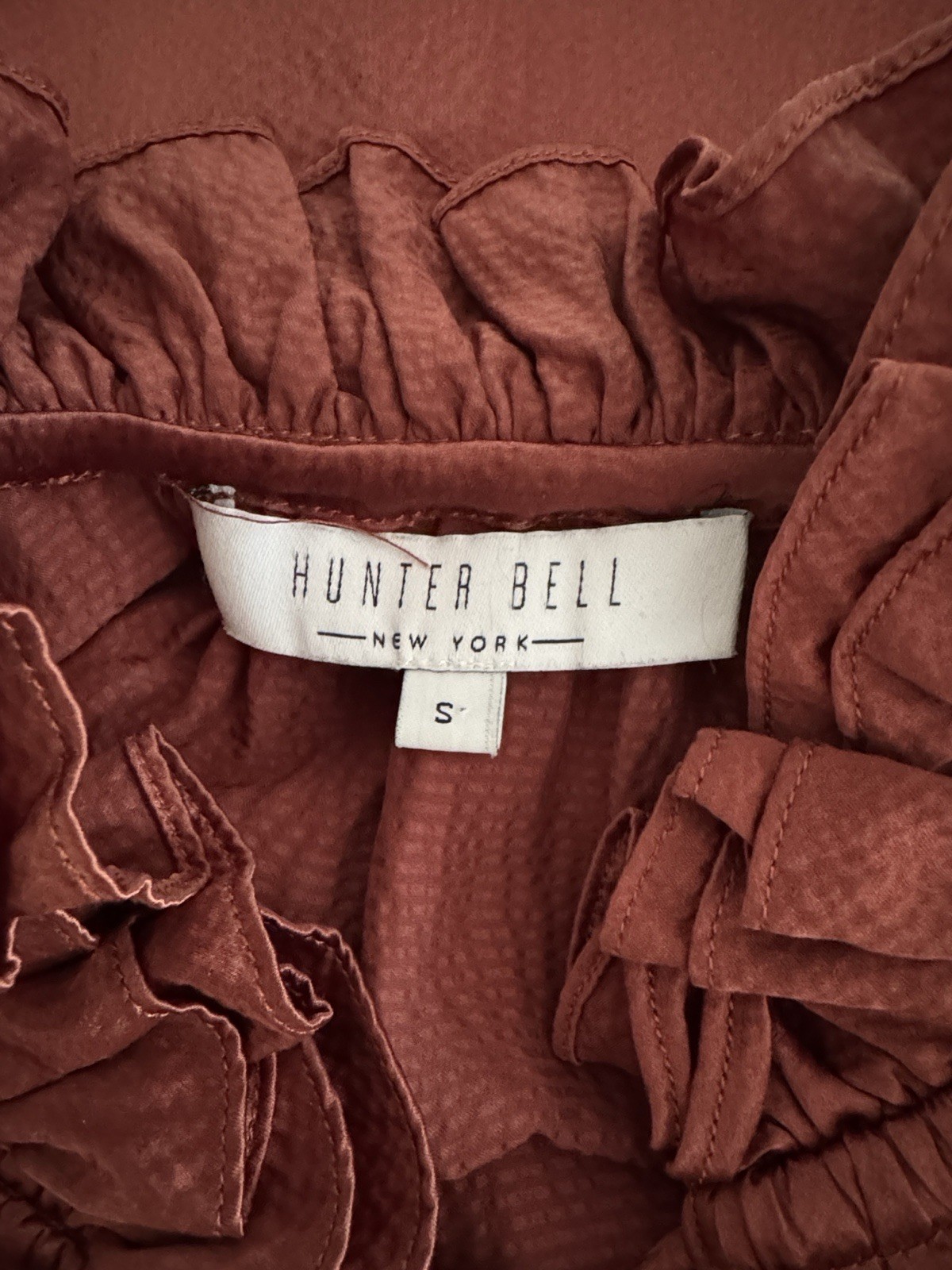 HUNTER BELL New York Ginger/Rust 100% Silk Ruffles Shoulder Blouse Size Small