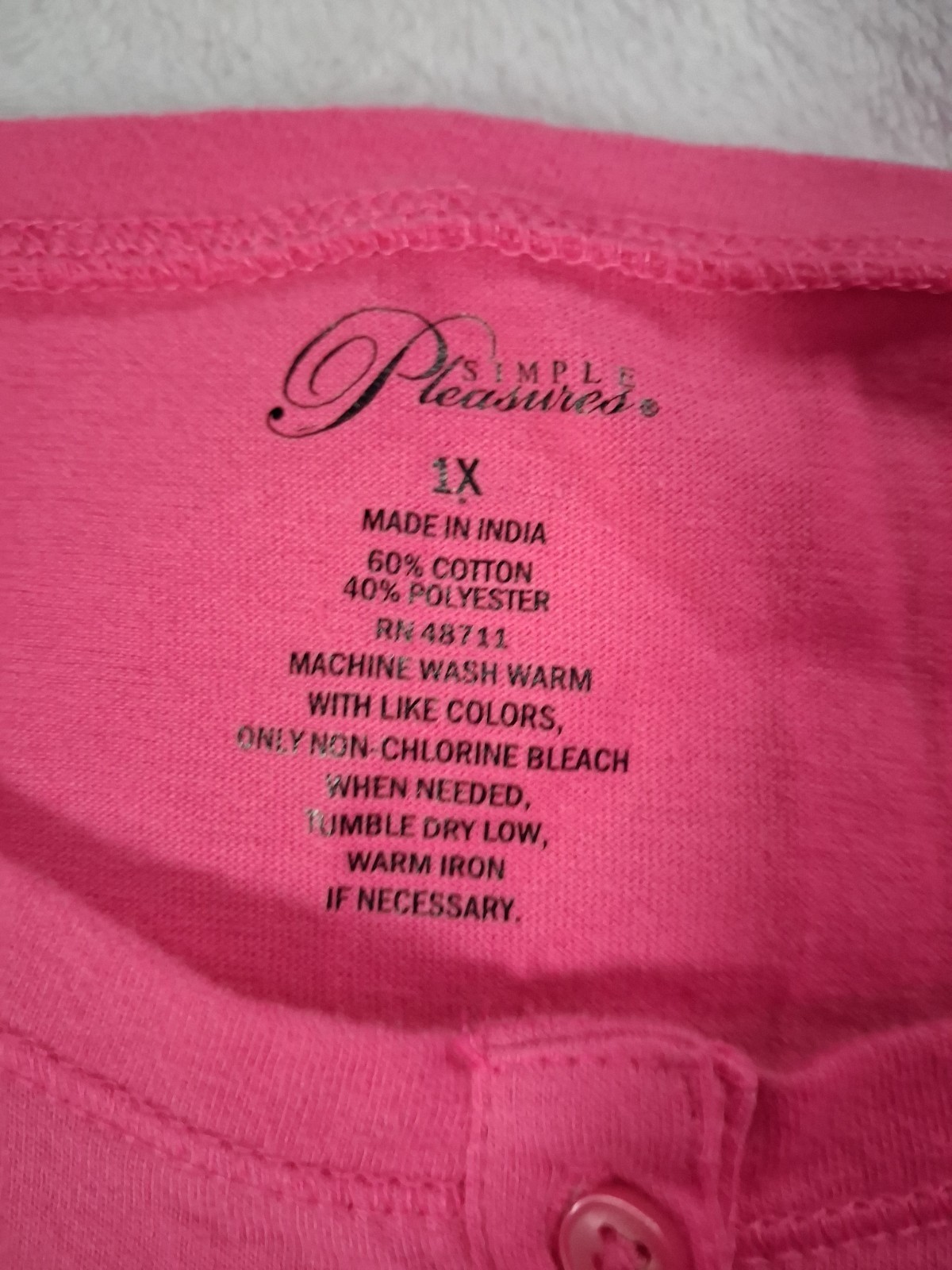 Simple Pleasures~Womens Pink,Thin,Cotton Blend,Round Neck,Button Accent Size 1XL