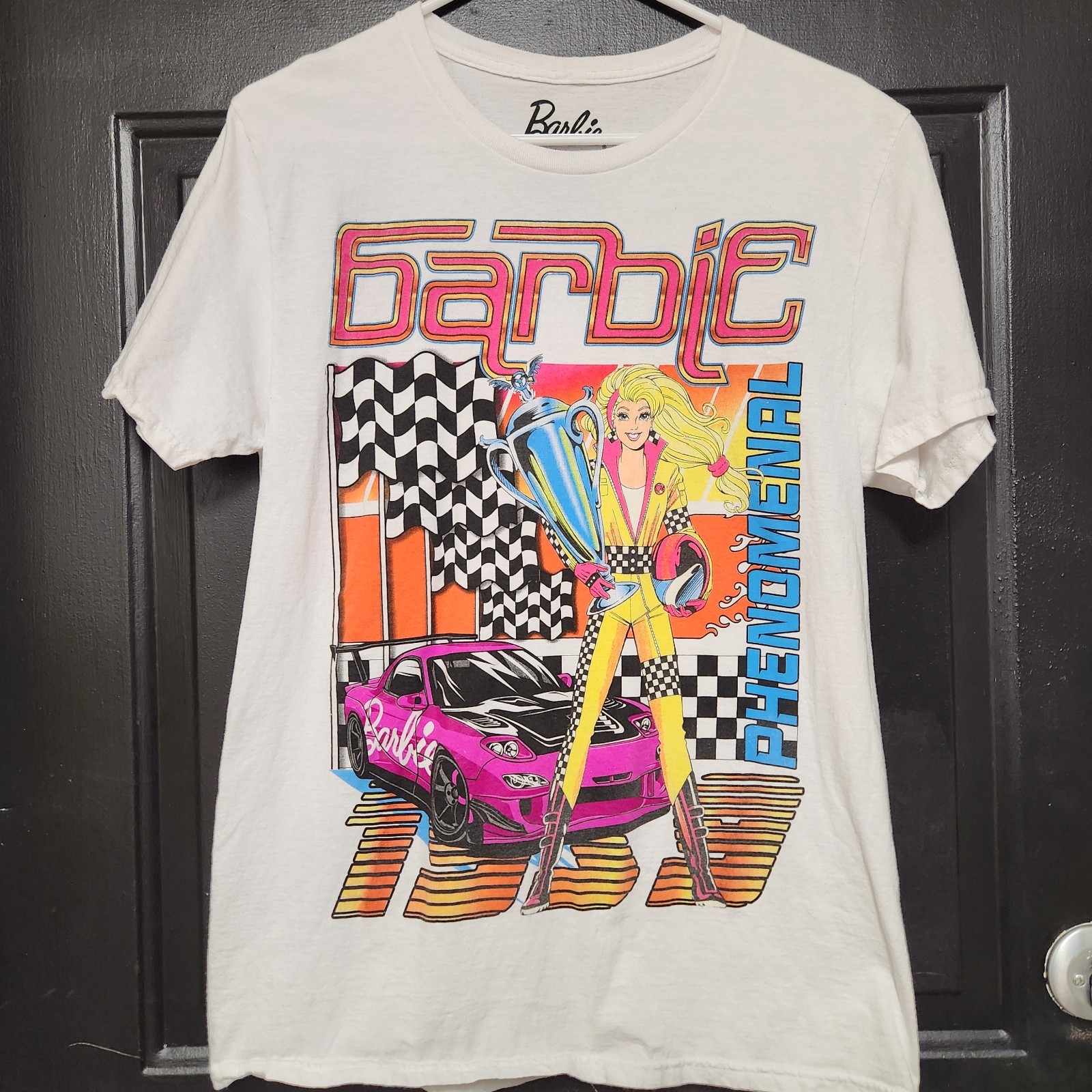 Barbie Phenomenal Racing Graphic T-Shirt White Medium Pink Car Checker Flag Tee