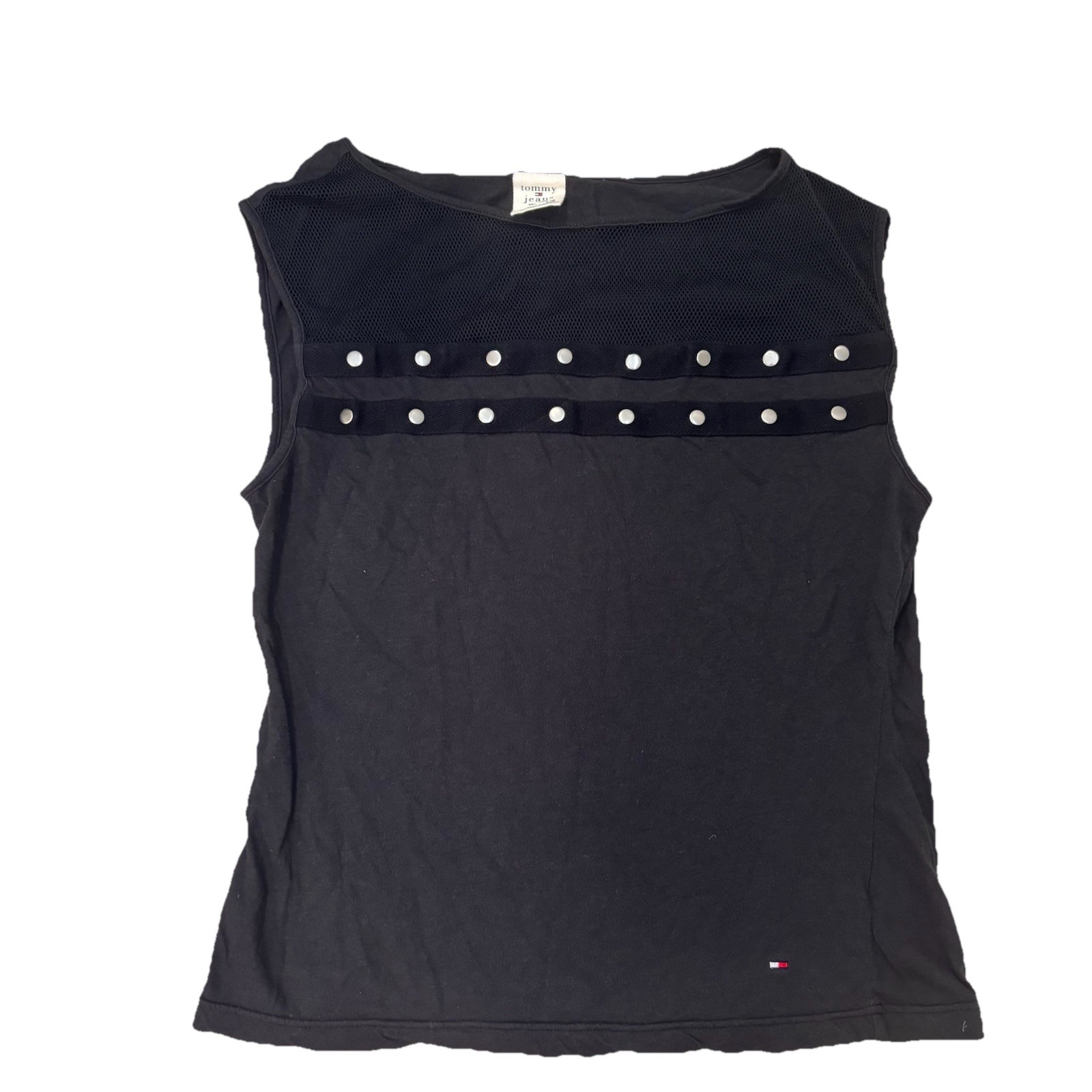 Tommy Jeans Women’s Black Studded Mesh Sleeveless Top Large Y2K Stretch Tank