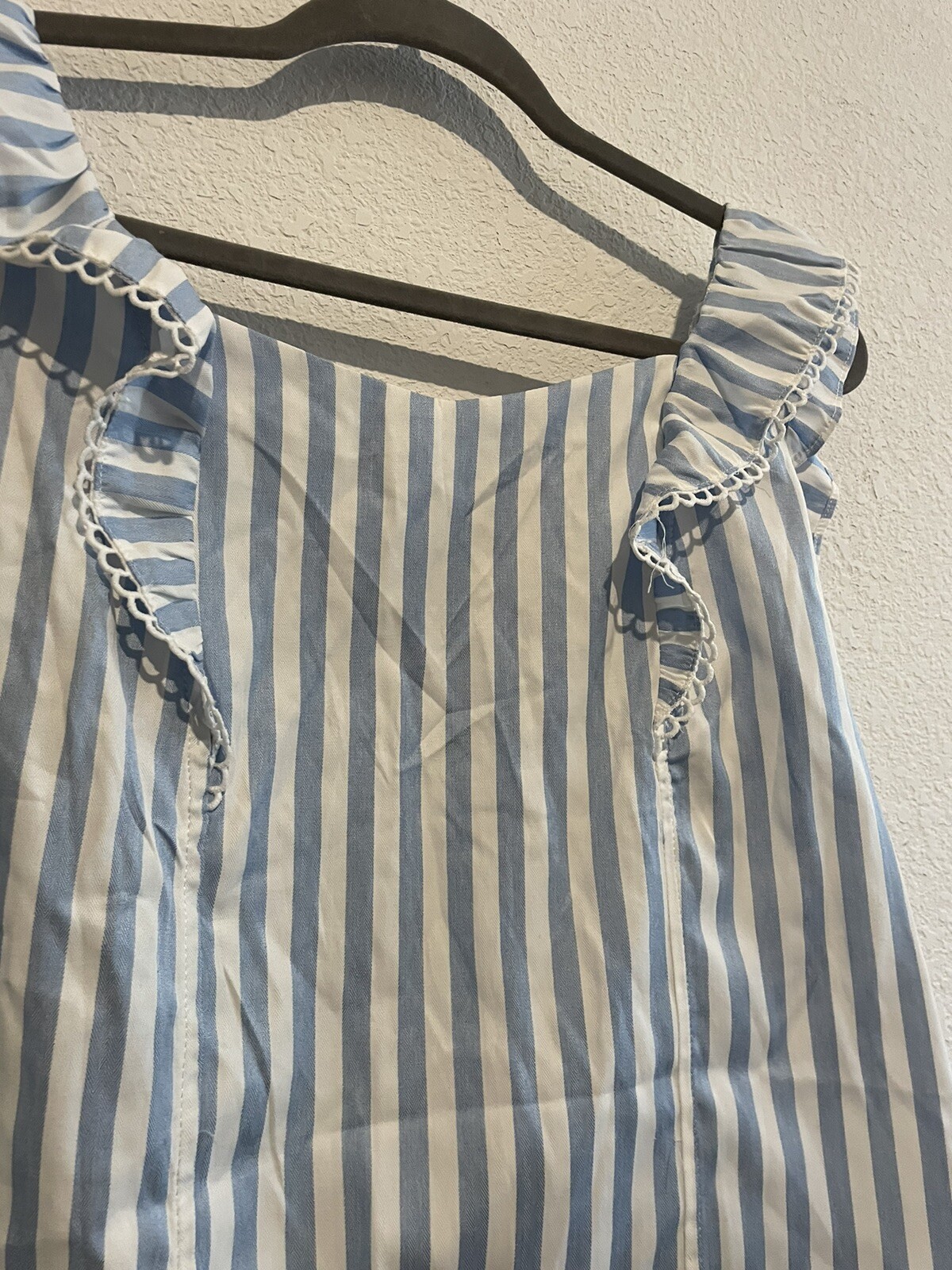 Women Blue Striped Tie Back Ruffle Trim Top Size Large Bar None Country Store