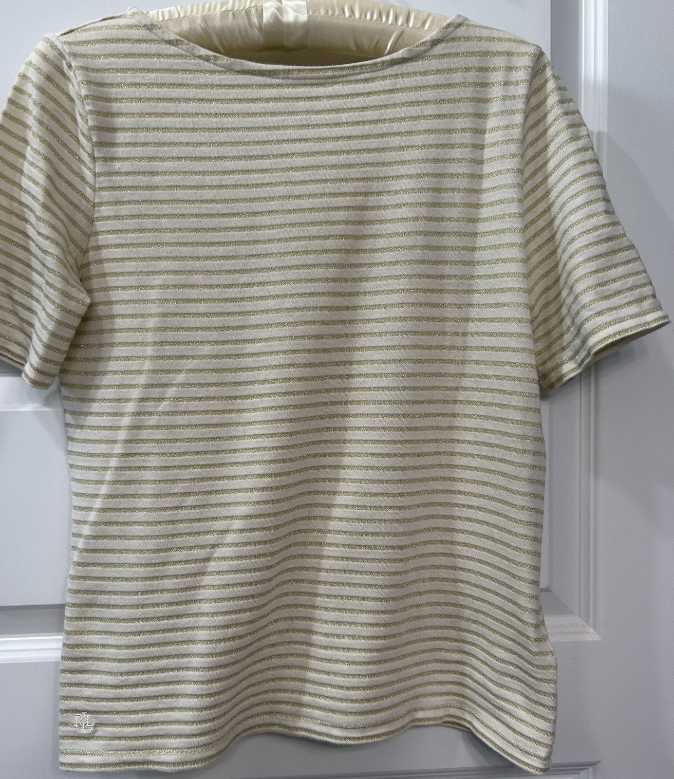 Lauren Ralph Lauren Metallic Gold Striped Boatneck Top Medium M Short Sleeve LRL