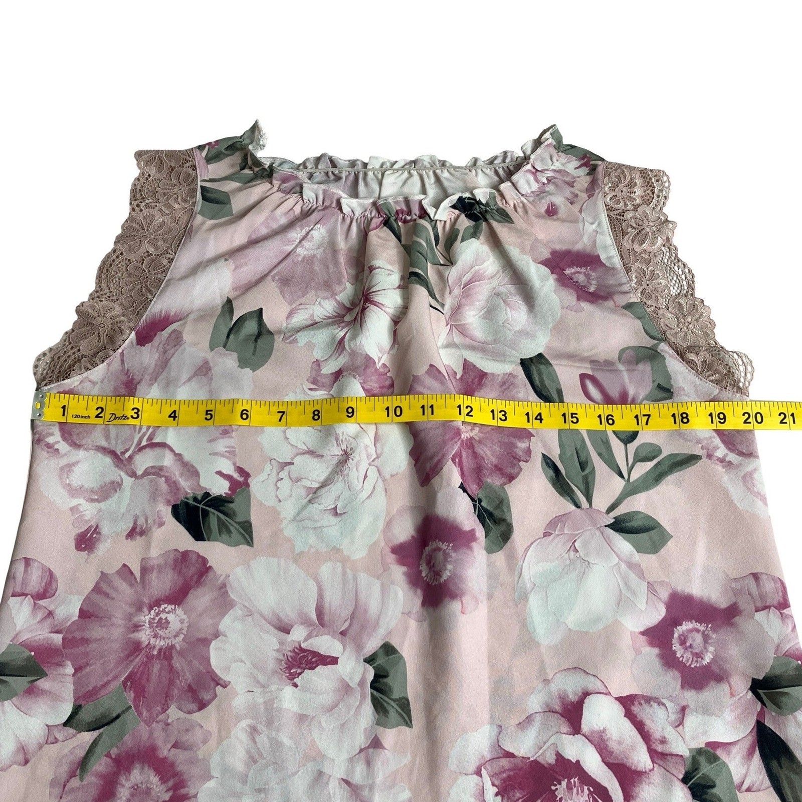 Grace Karin Top Womens Medium Pink Floral Ruffle Neck Lace Trim Sleeveless Satin
