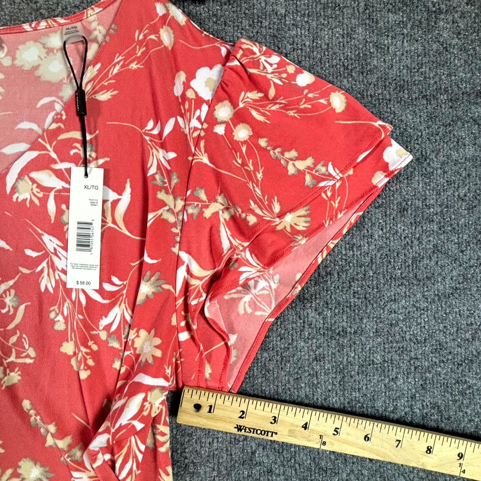 Tahari Blouse Women’s XL Coral Pink Floral Flutter Ruffle Sleeve Summer Top NWT