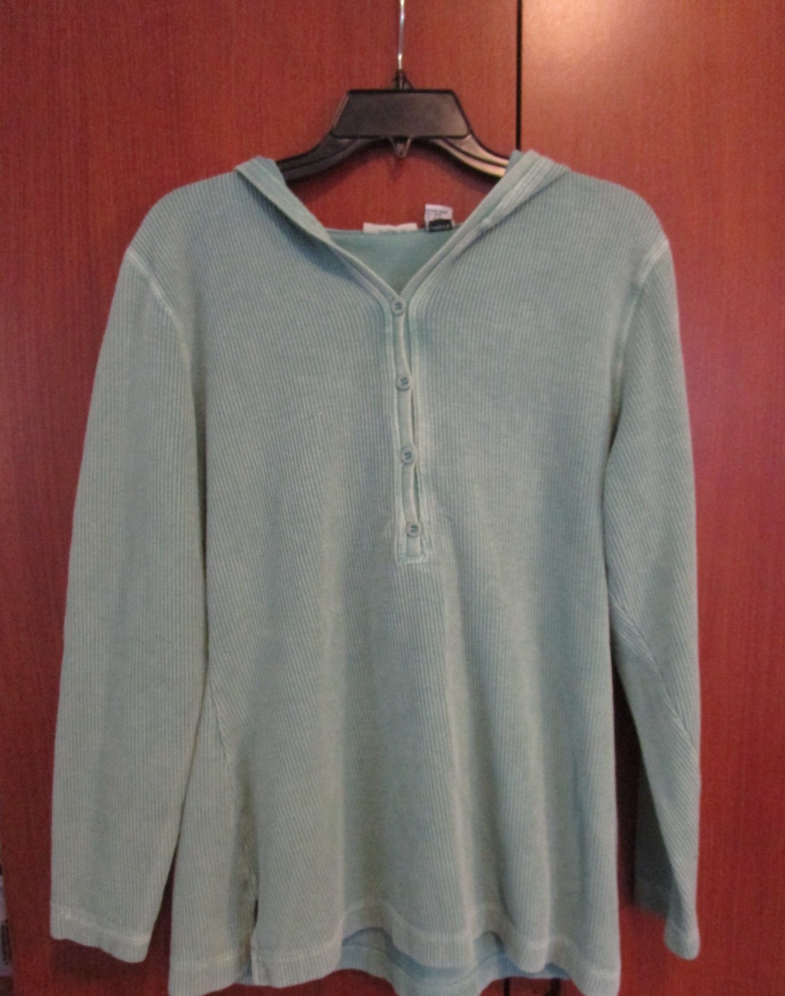 Sahalie Green Pull Over Top w Hood Medium Cotton Bust 42 Length 28 in