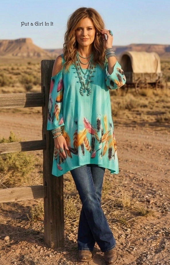 USA New Boho Women’s Mint Western Feathers Cold Shoulder Tunic Shirt S M Cowgirl